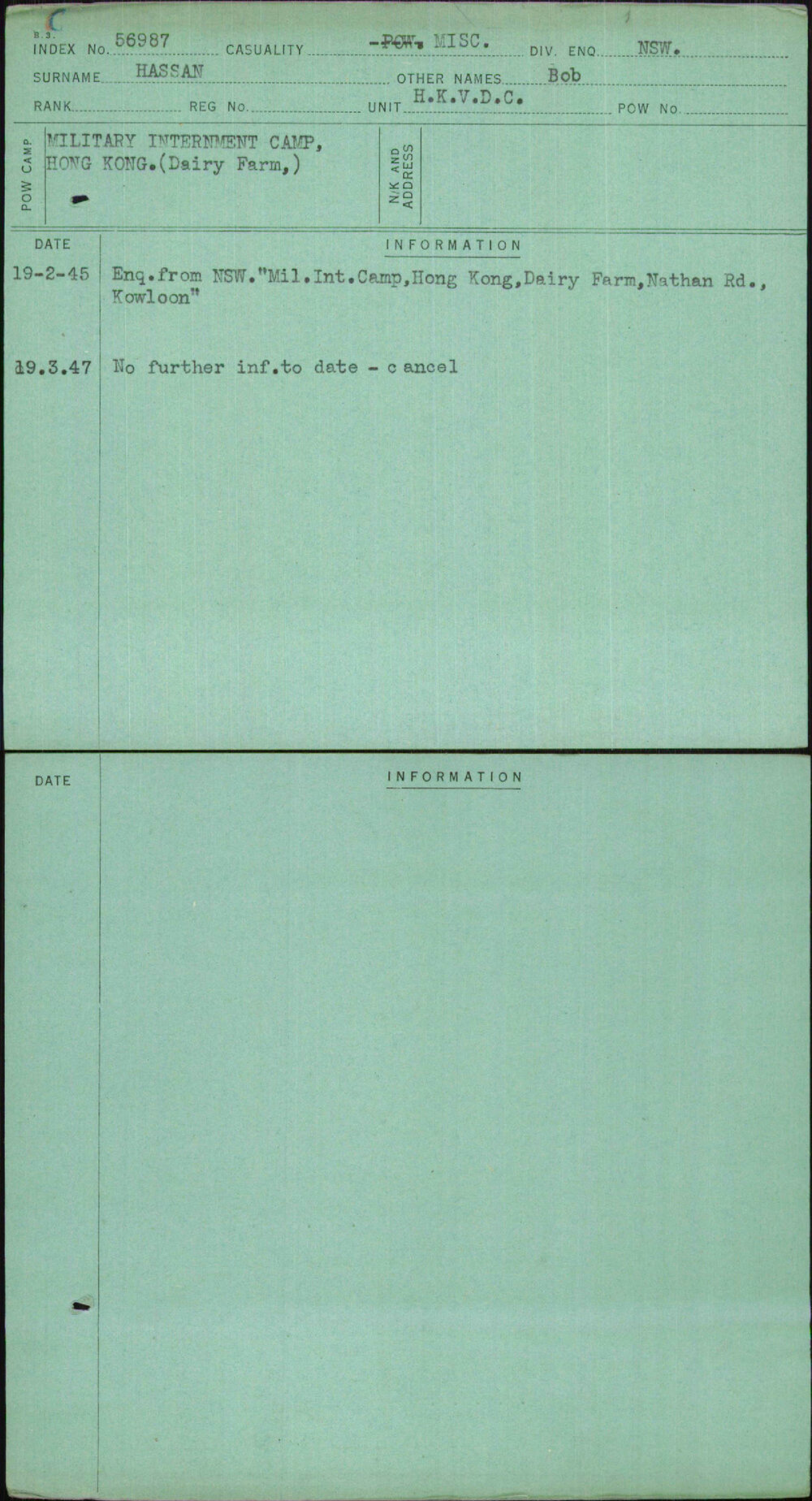 Hassan, Bob, [No Service Number]