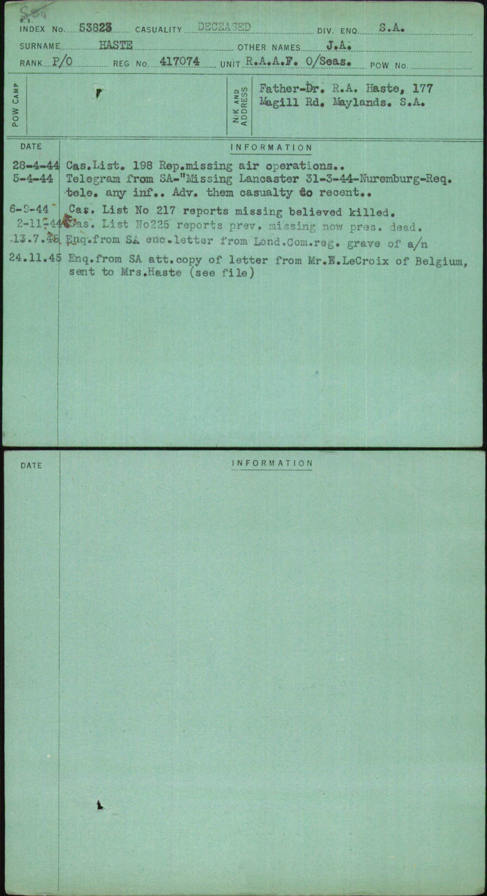 Haste, J A, 417074