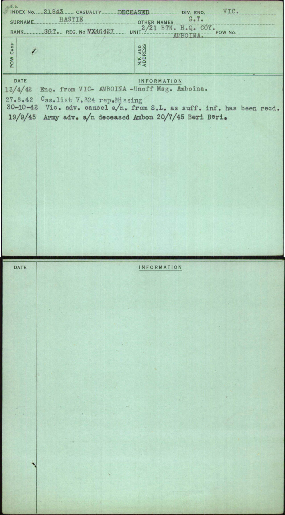 Hastie, G T, VX46427