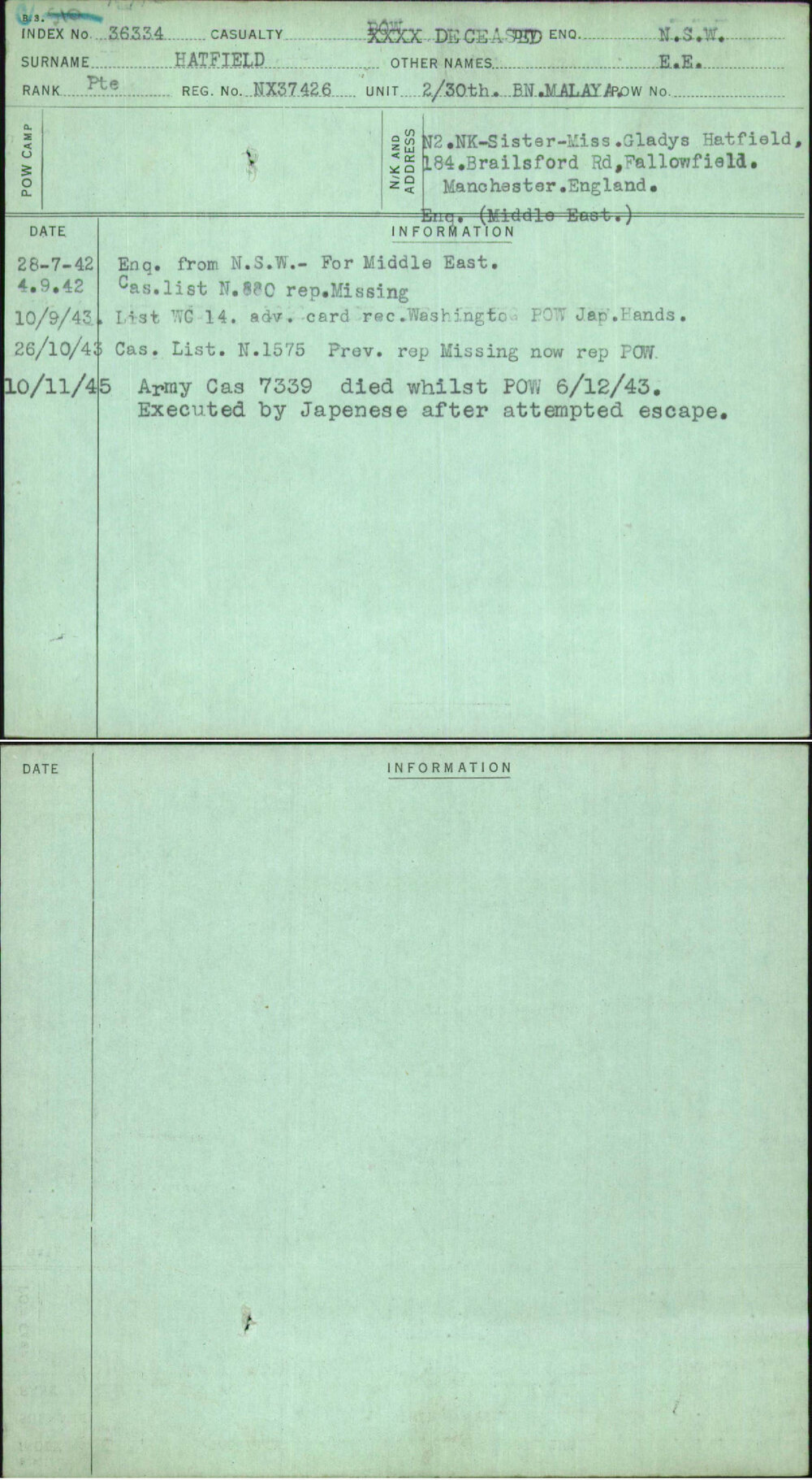 Hatfield, E E, NX37426