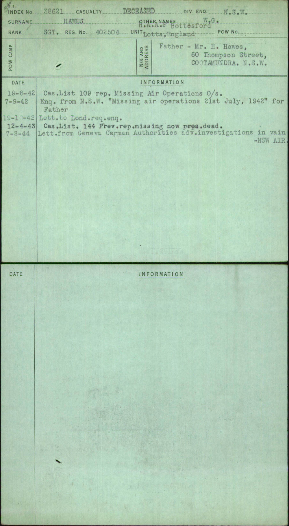 Hawes, W G, 402504