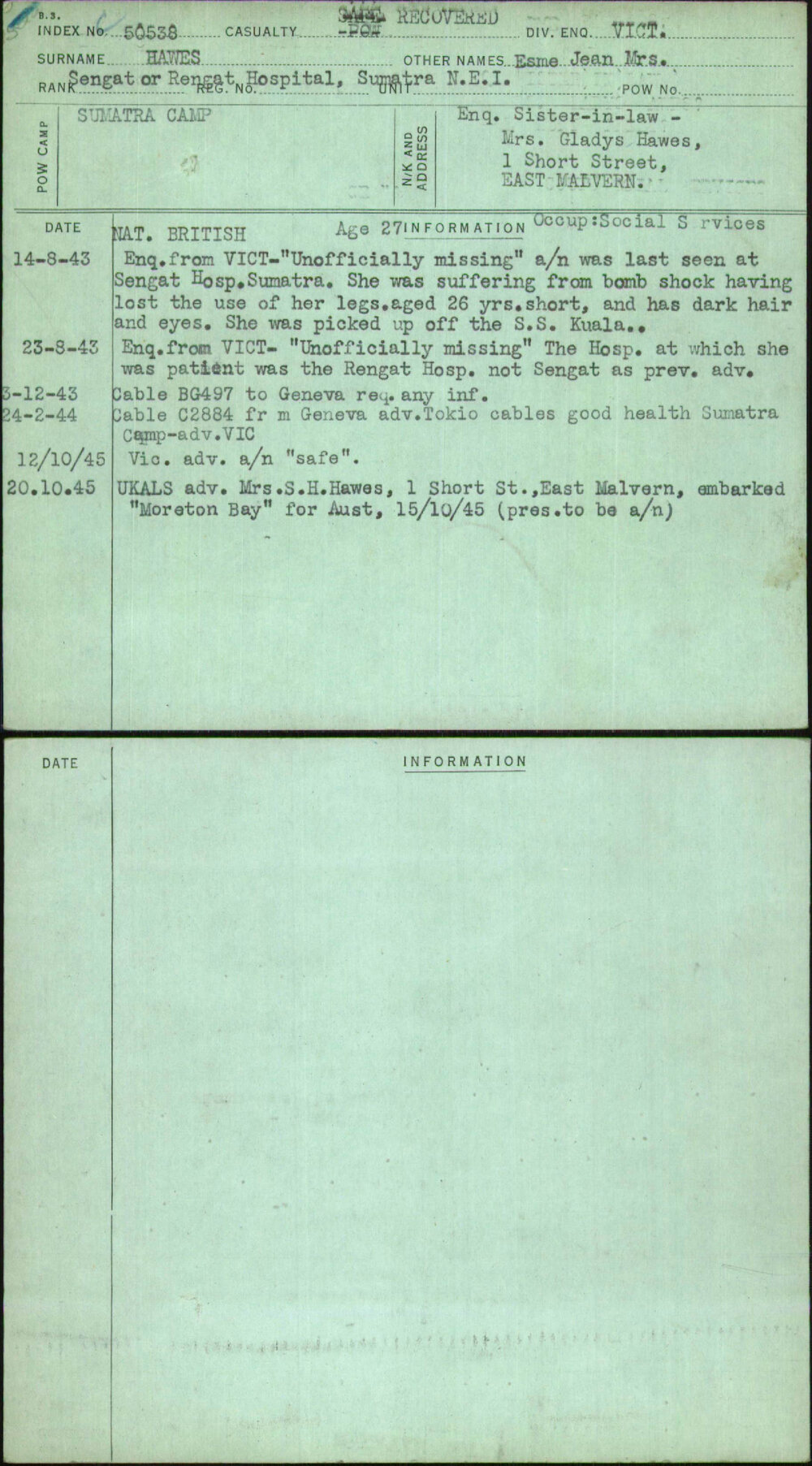 Hawes, Esme Jean Mrs, [No Service Number]