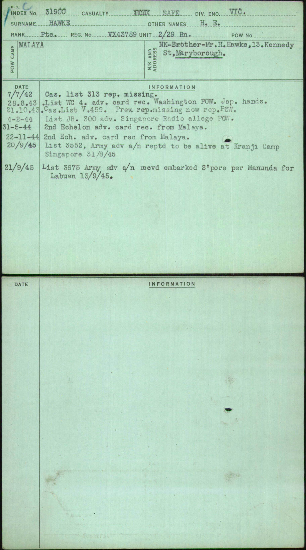 Hawke, H E, VX43789