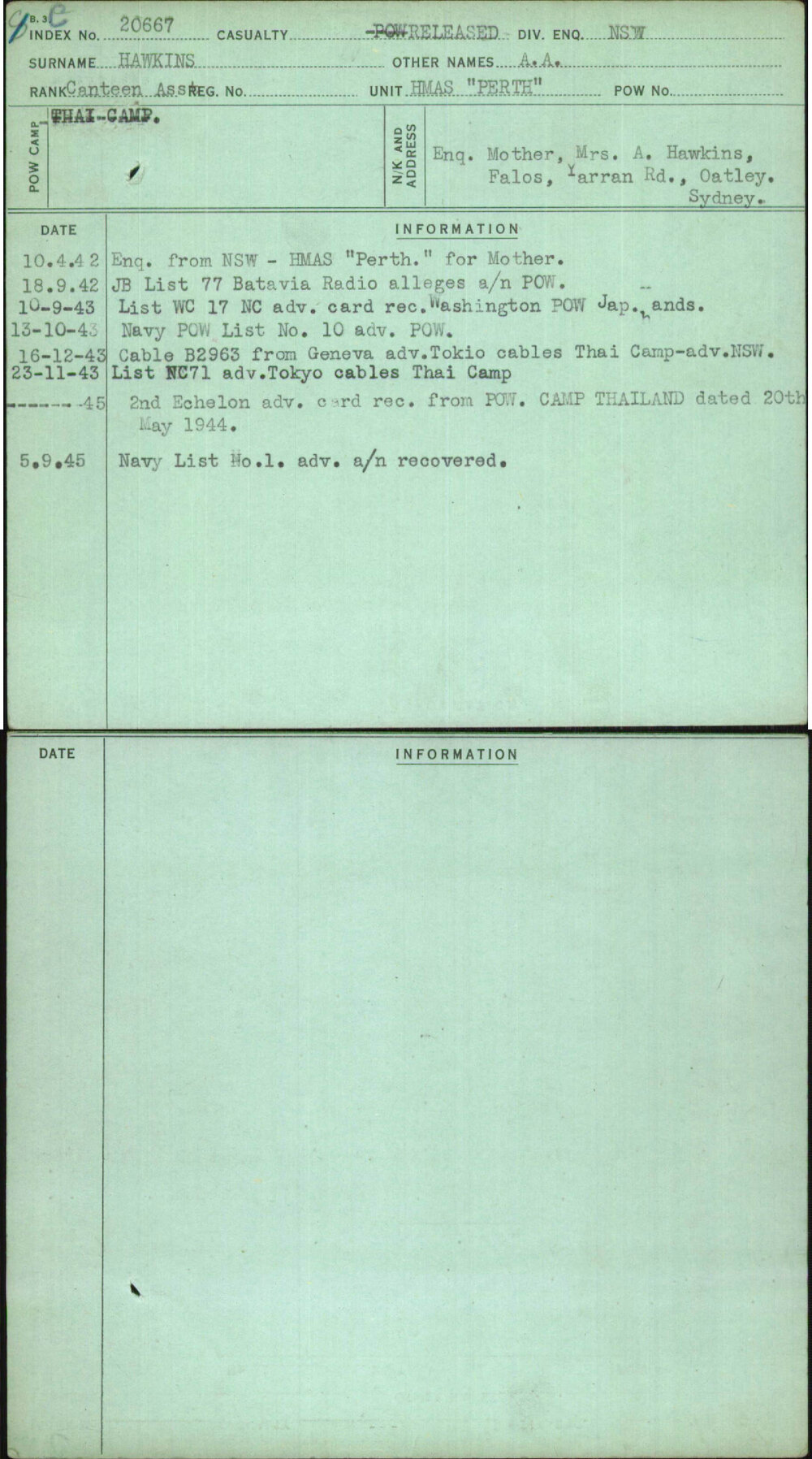 Hawkins, A A, [No Service Number]