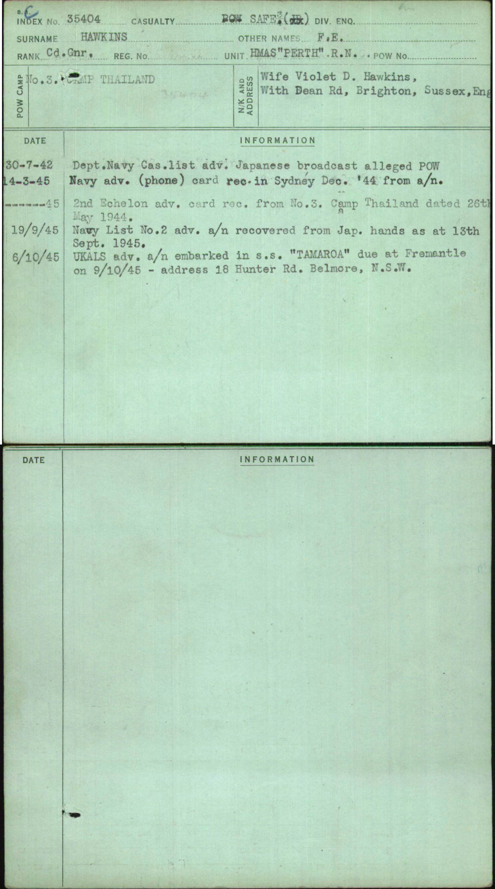 Hawkins, F E, [No Service Number]