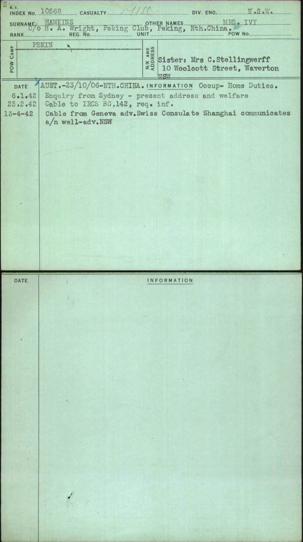 Hawkins, Mrs Ivy, [No Service Number]