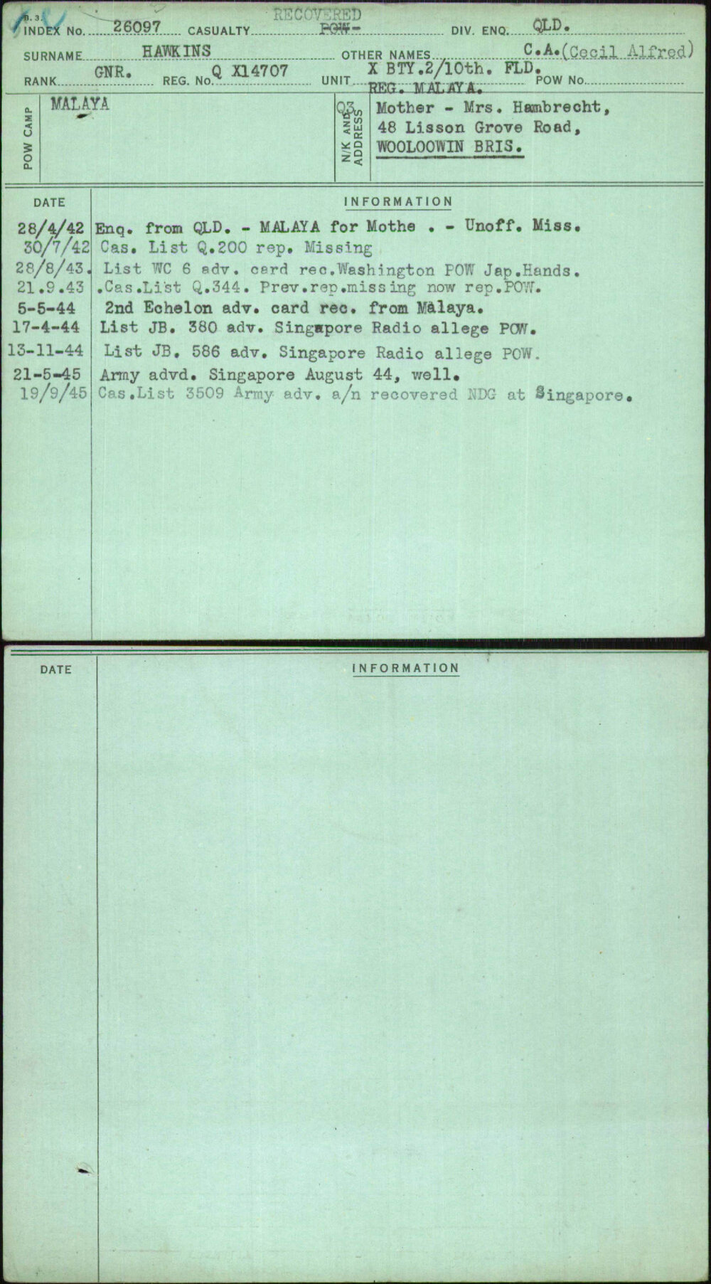 Hawkins, C A (Cecil Alfred), QX14707