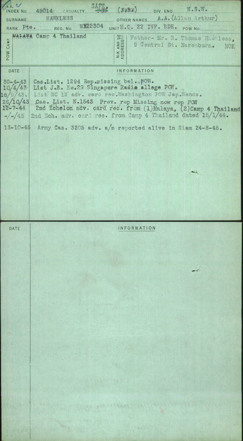 Hawkless, A A (Allan Arthur), NX22304