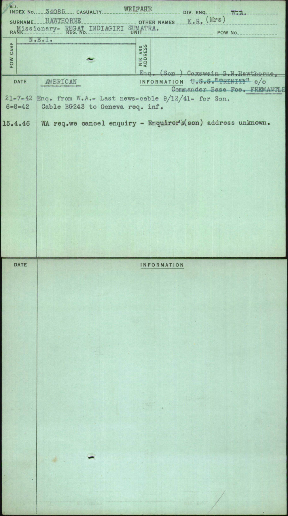 Hawthorne, K R (Mrs), [No Service Number]