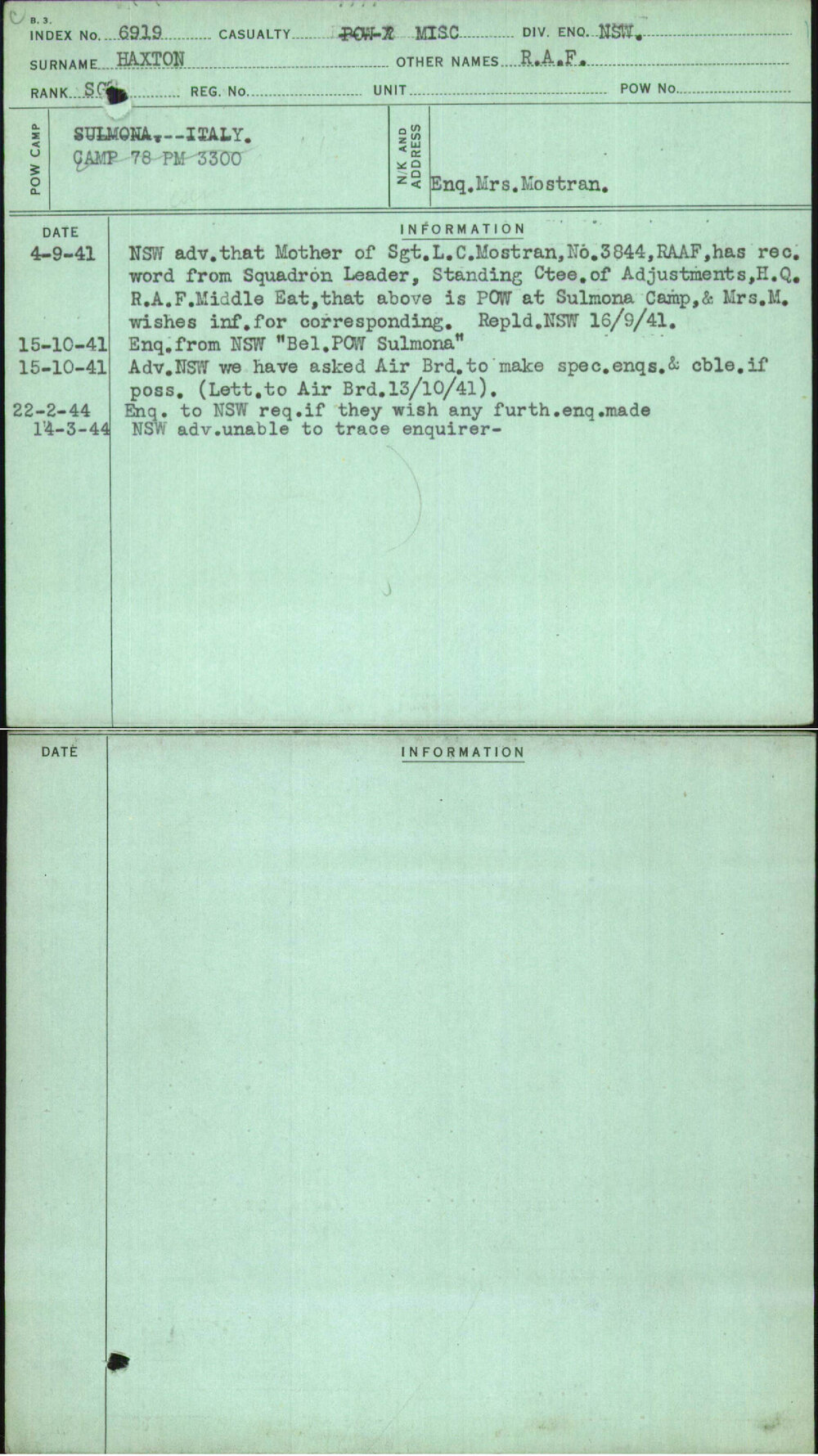 Haxton, R A F, [No Service Number]