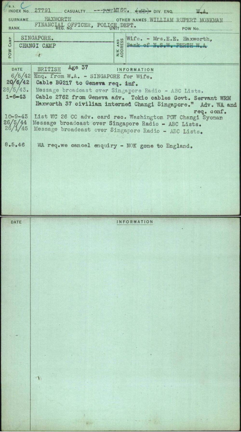 Haxworth, William Rupert Monkman, [No Service Number]