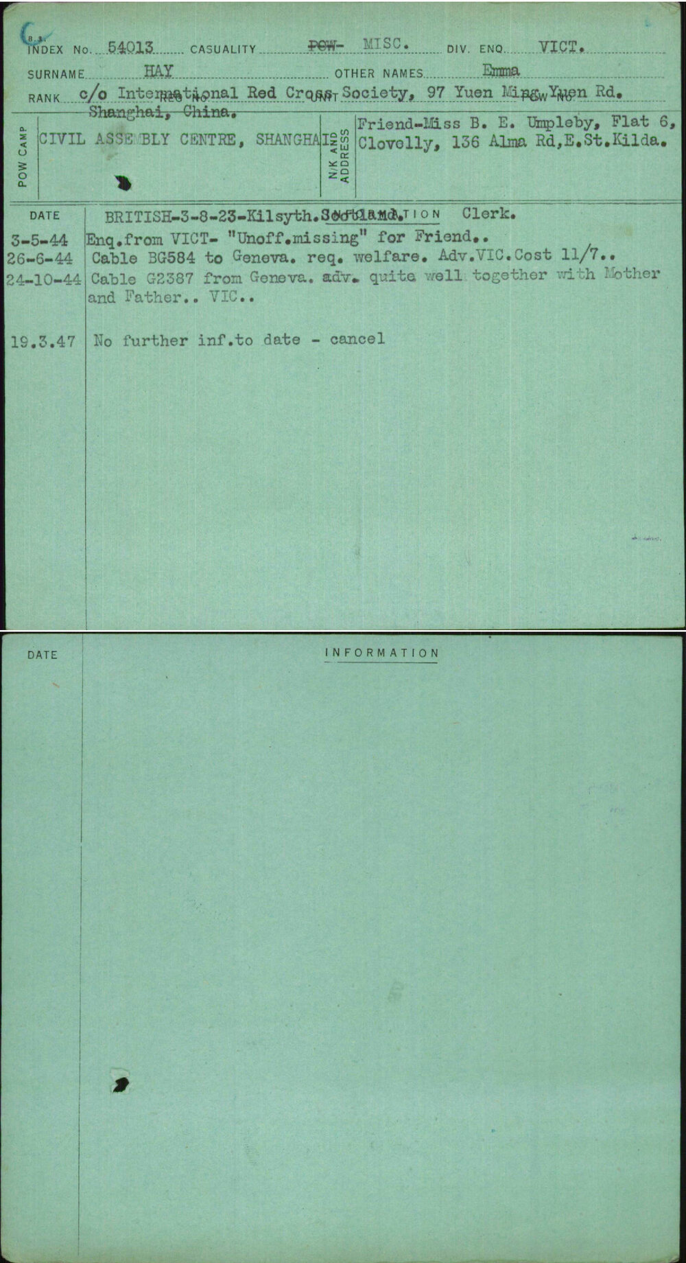 Hay, Emma, [No Service Number]