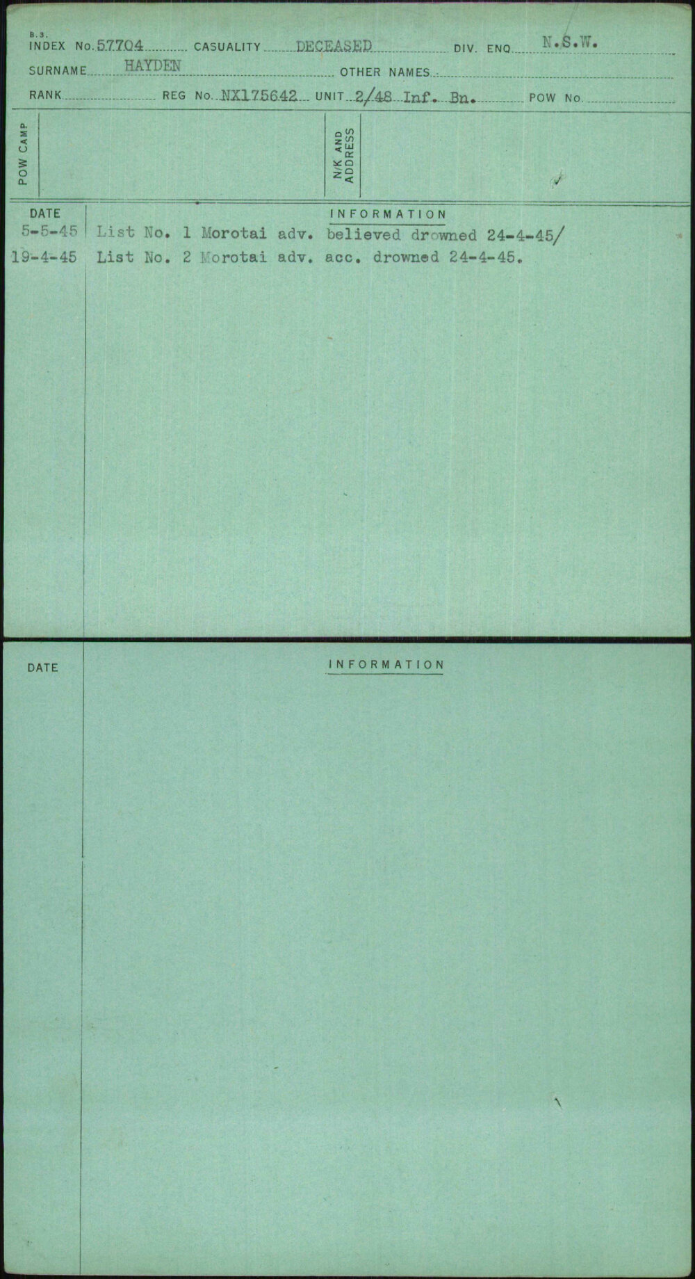 Hayden, [No Given Name], NX175642