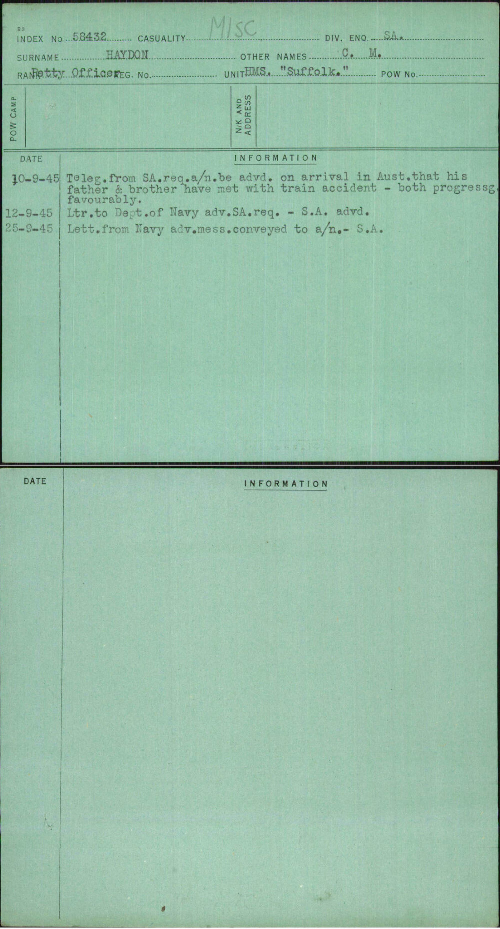 Haydon, C M, [No Service Number]