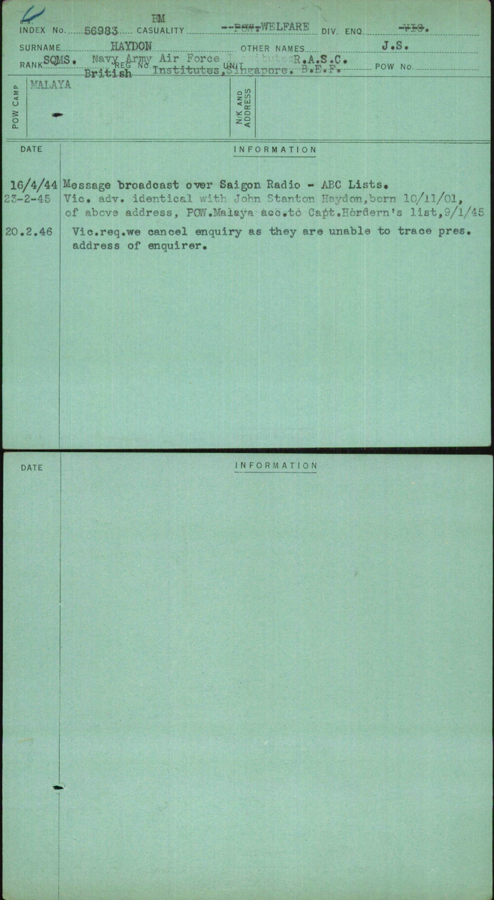 Haydon, J S, [No Service Number]