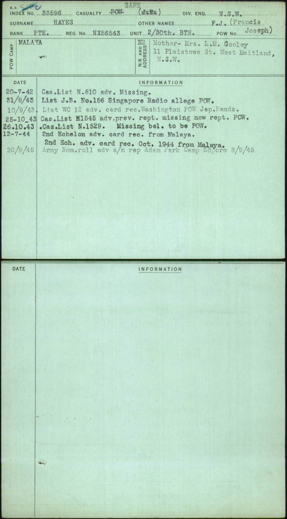 Hayes, F J (Francis Joseph), NX56543