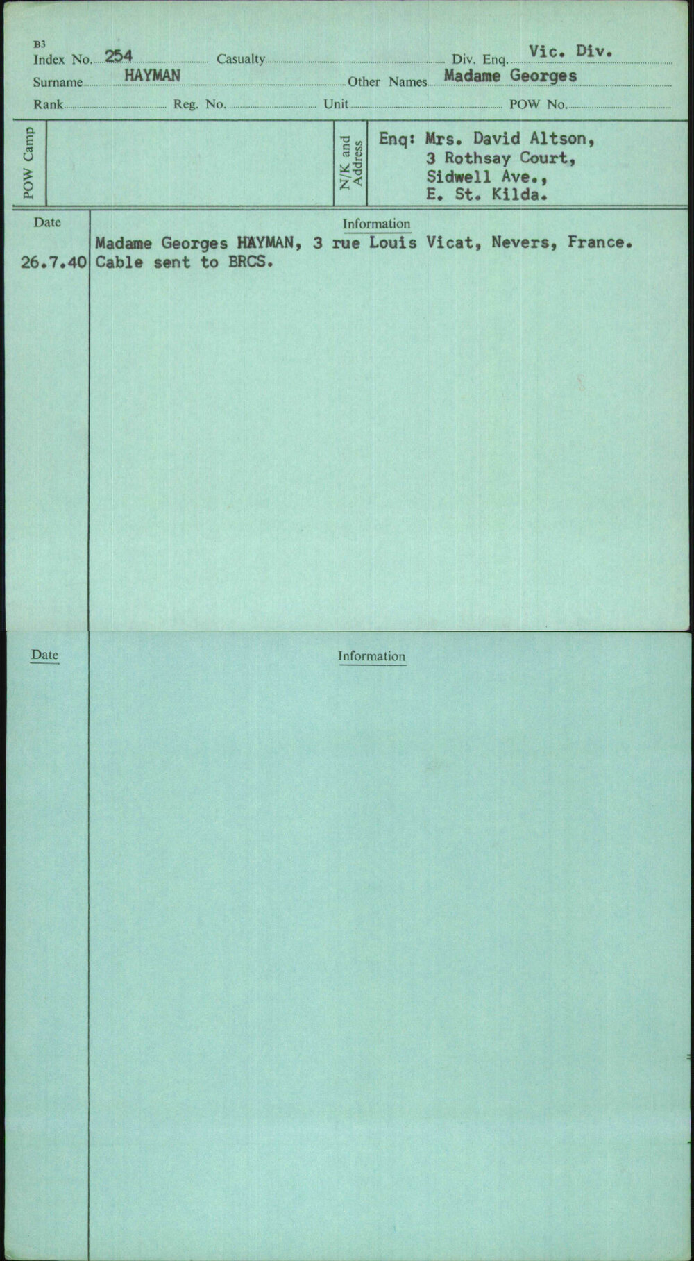 Hayman, Madame Georges, [No Service Number]