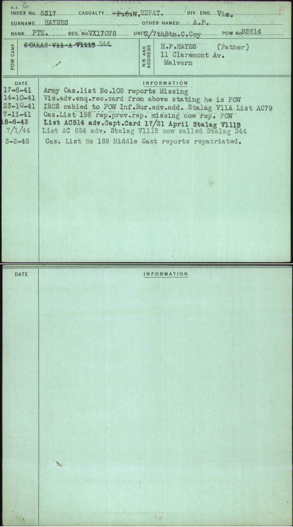 Haynes, A P, VX17078