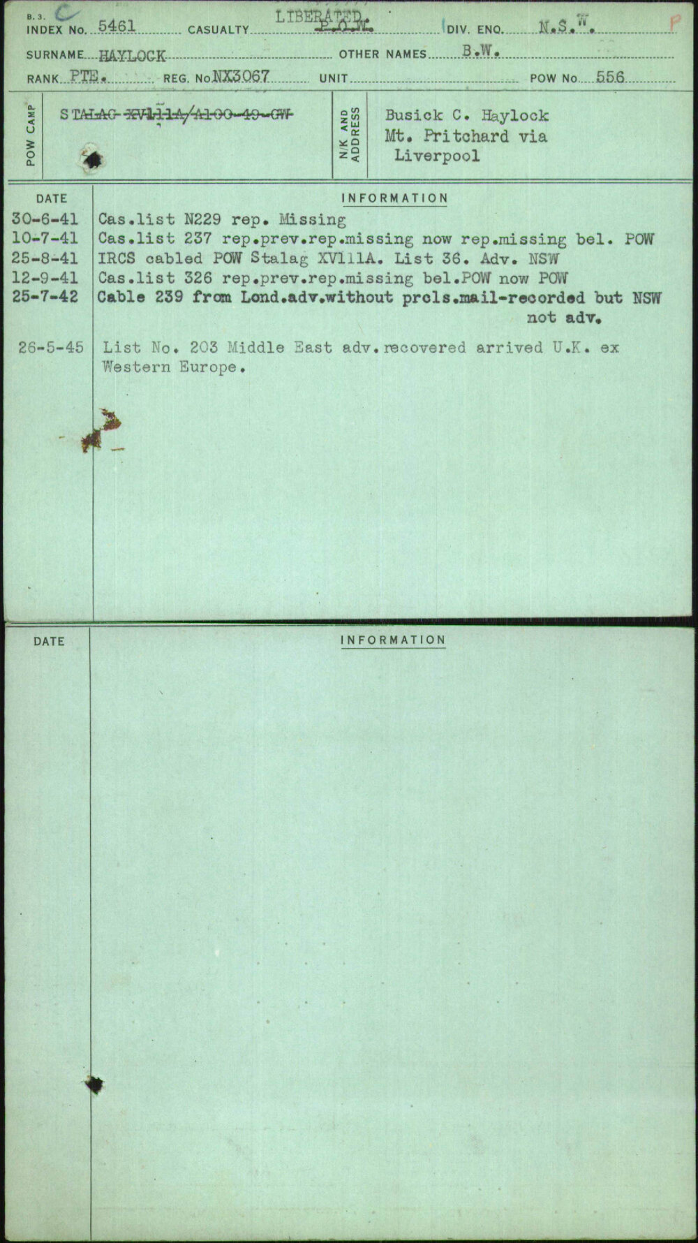 Haylock, B W, NX3067