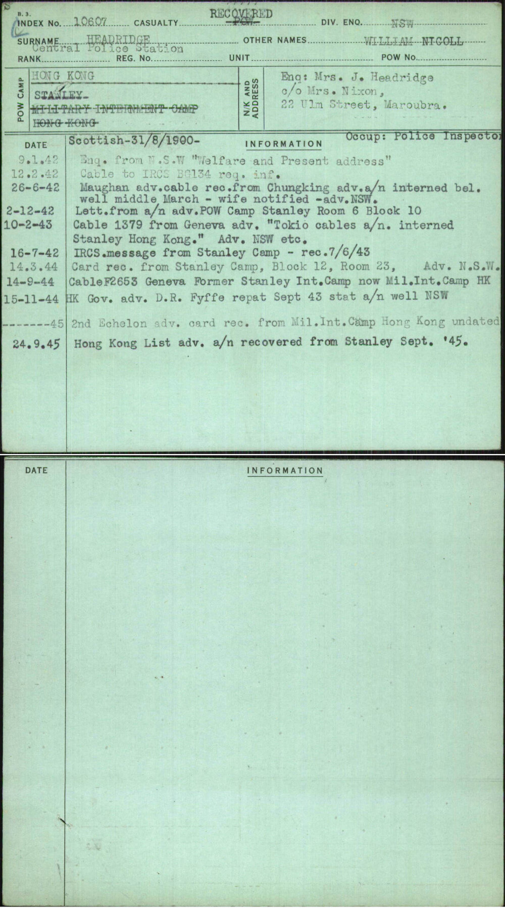 Headridge, William Nicoll, [No Service Number]