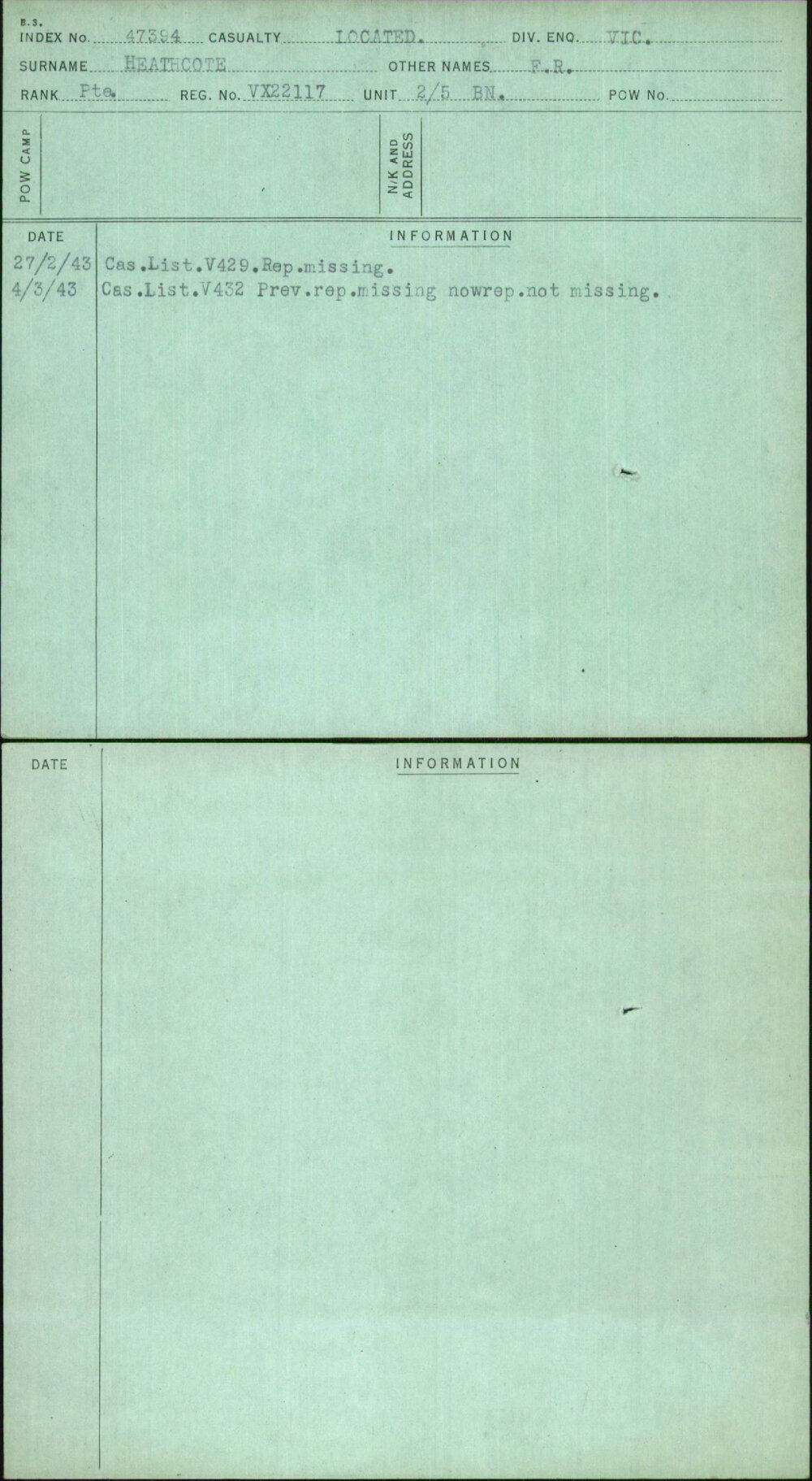 Heathcote, F R, VX22117
