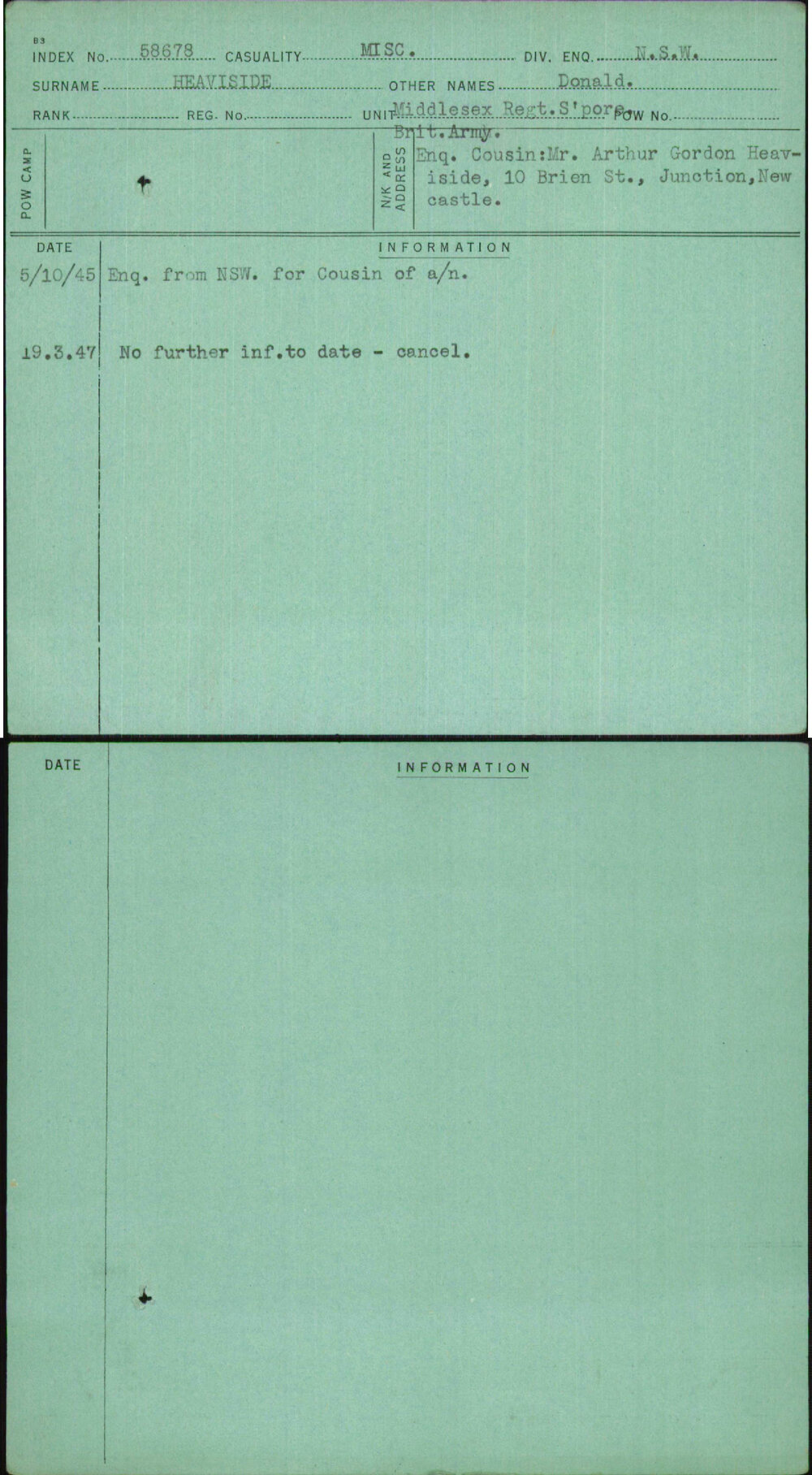 Heaviside, Donald, [No Service Number]