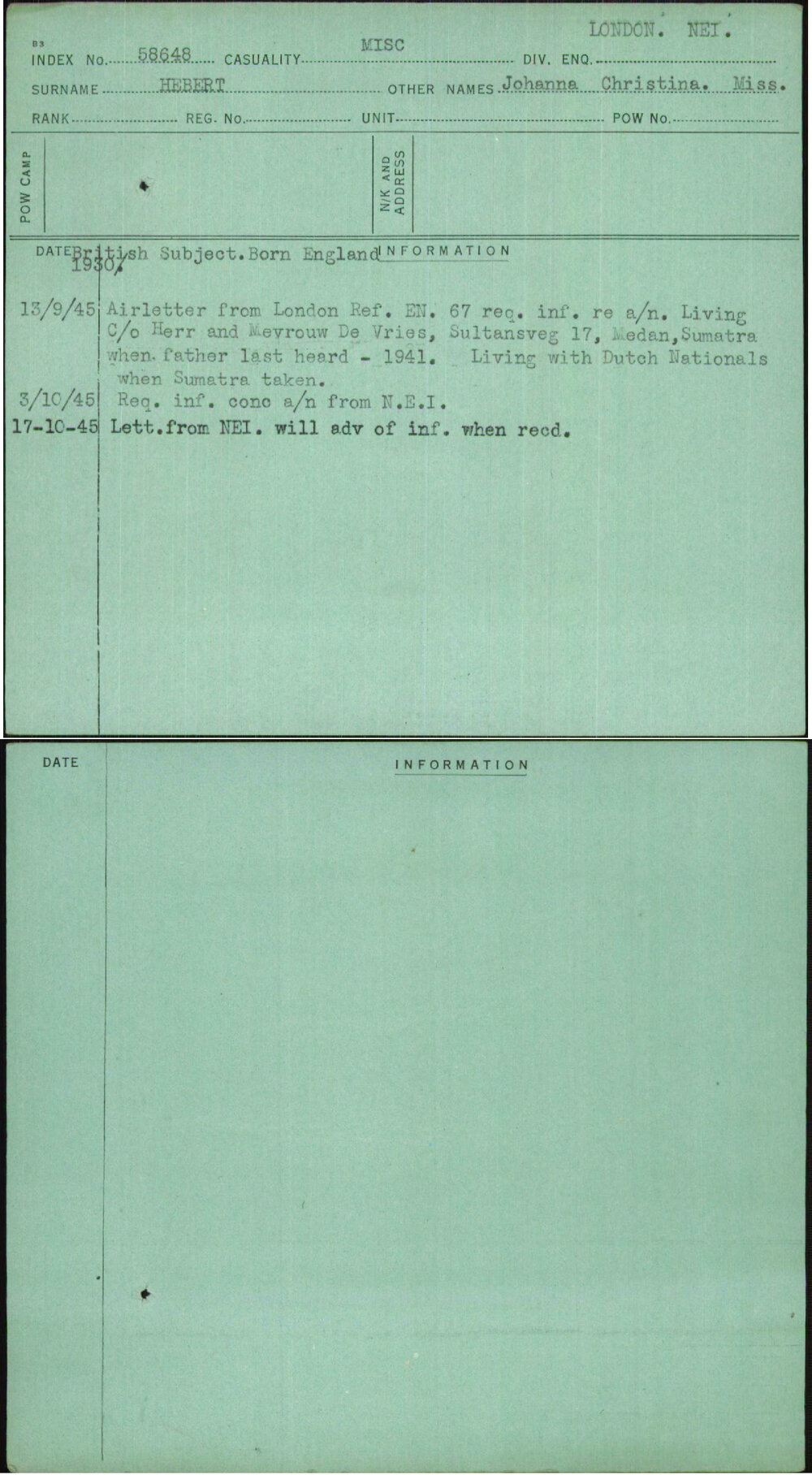Hebert, Johanna Christina Miss, [No Service Number]