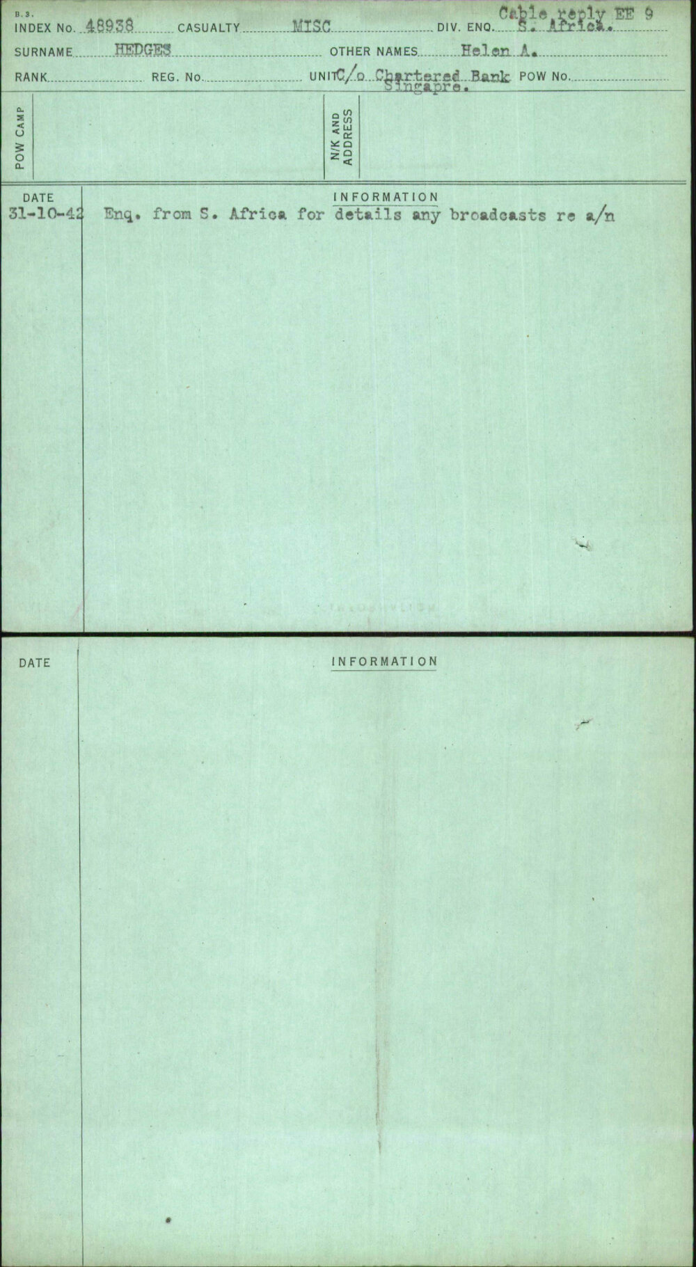 Hedges, Helen A, [No Service Number]