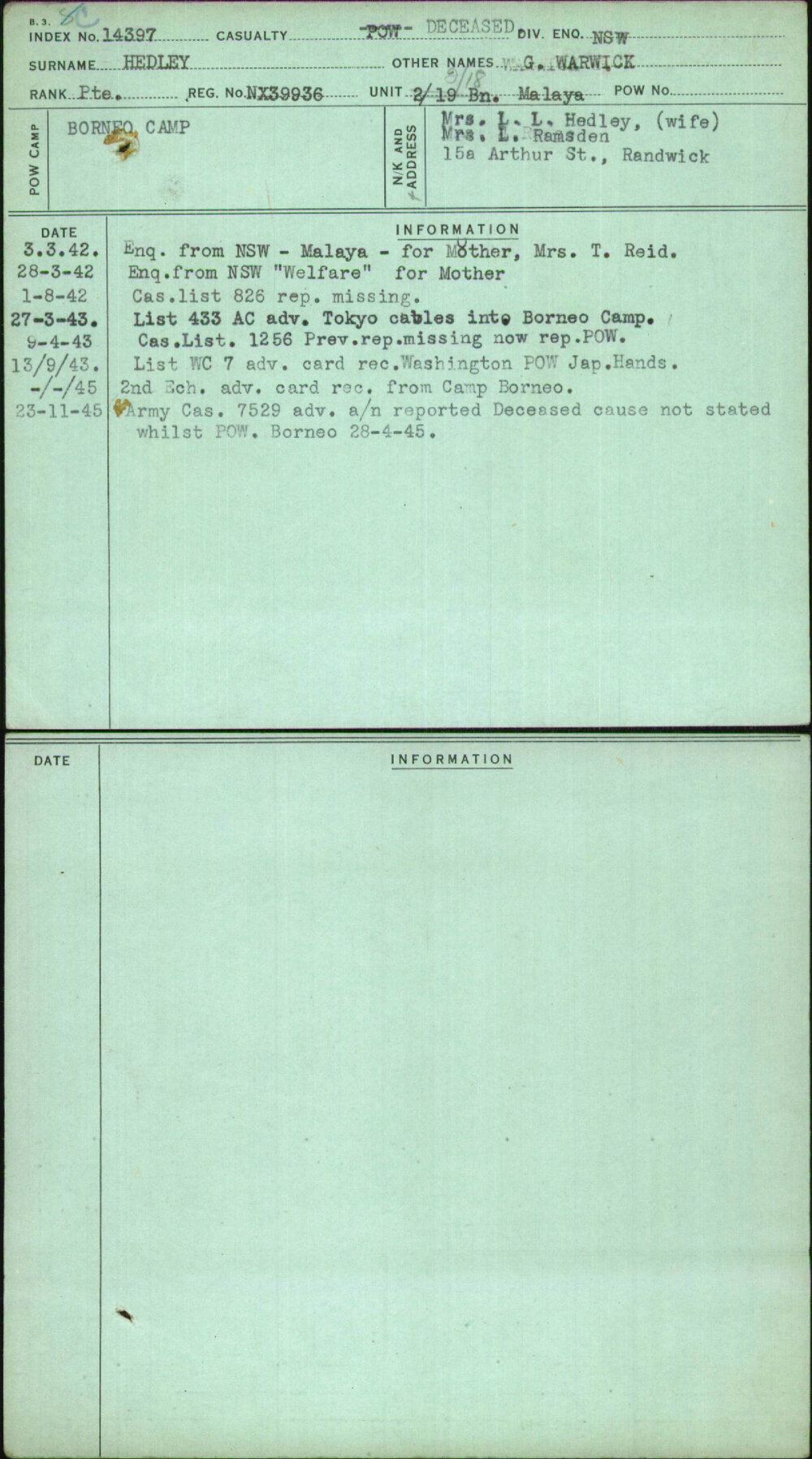 Hedley, G Warwick, NX39936