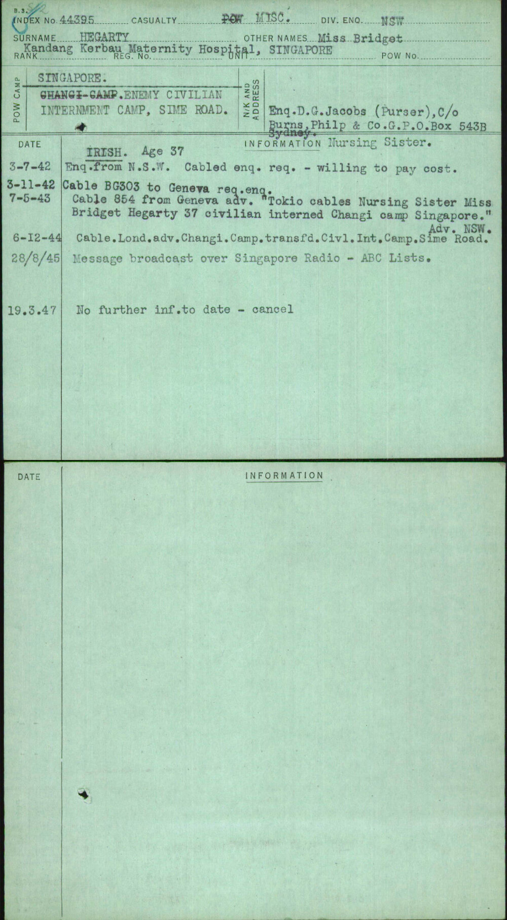 Hegarty, Miss Bridget, [No Service Number]