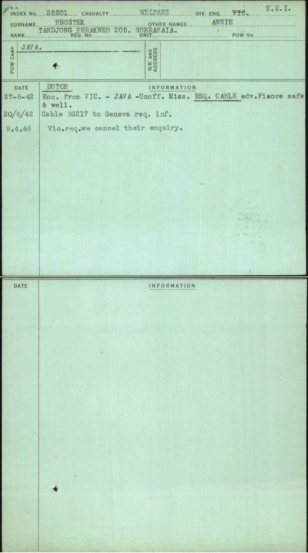 Hegstek, Annie, [No Service Number]