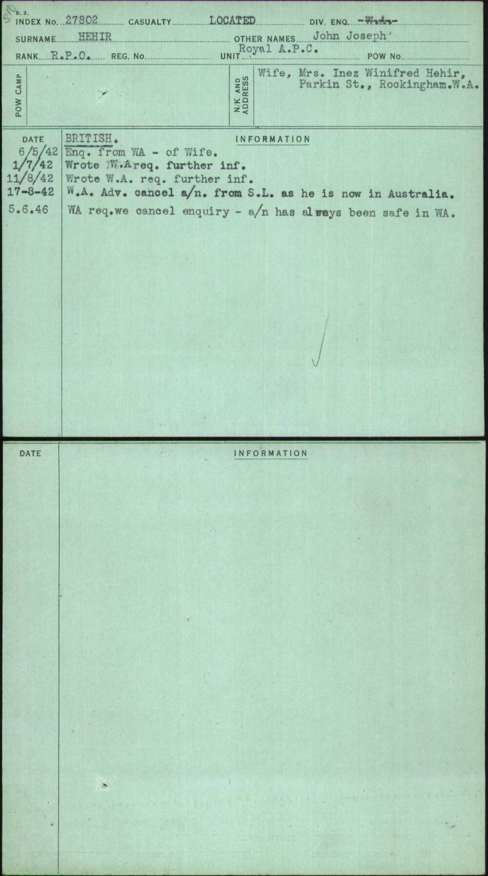 Hehir, John Joseph, [No Service Number]