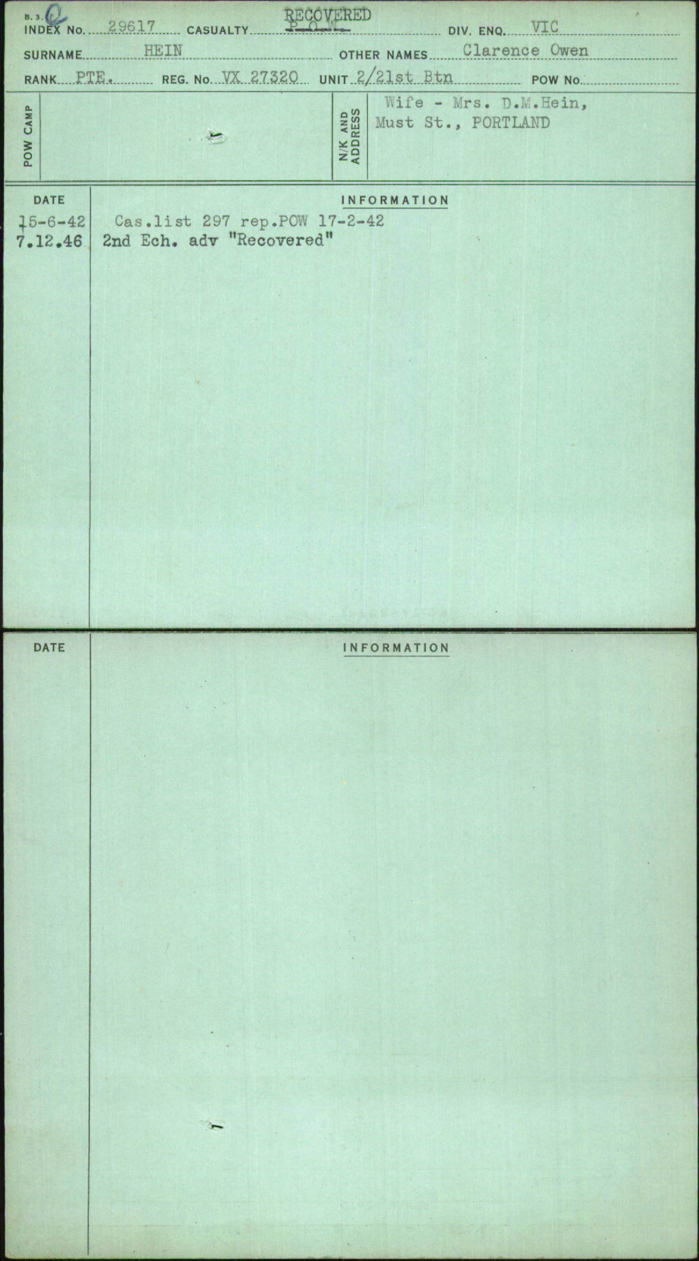 Hein, Clarence Owen, VX27320