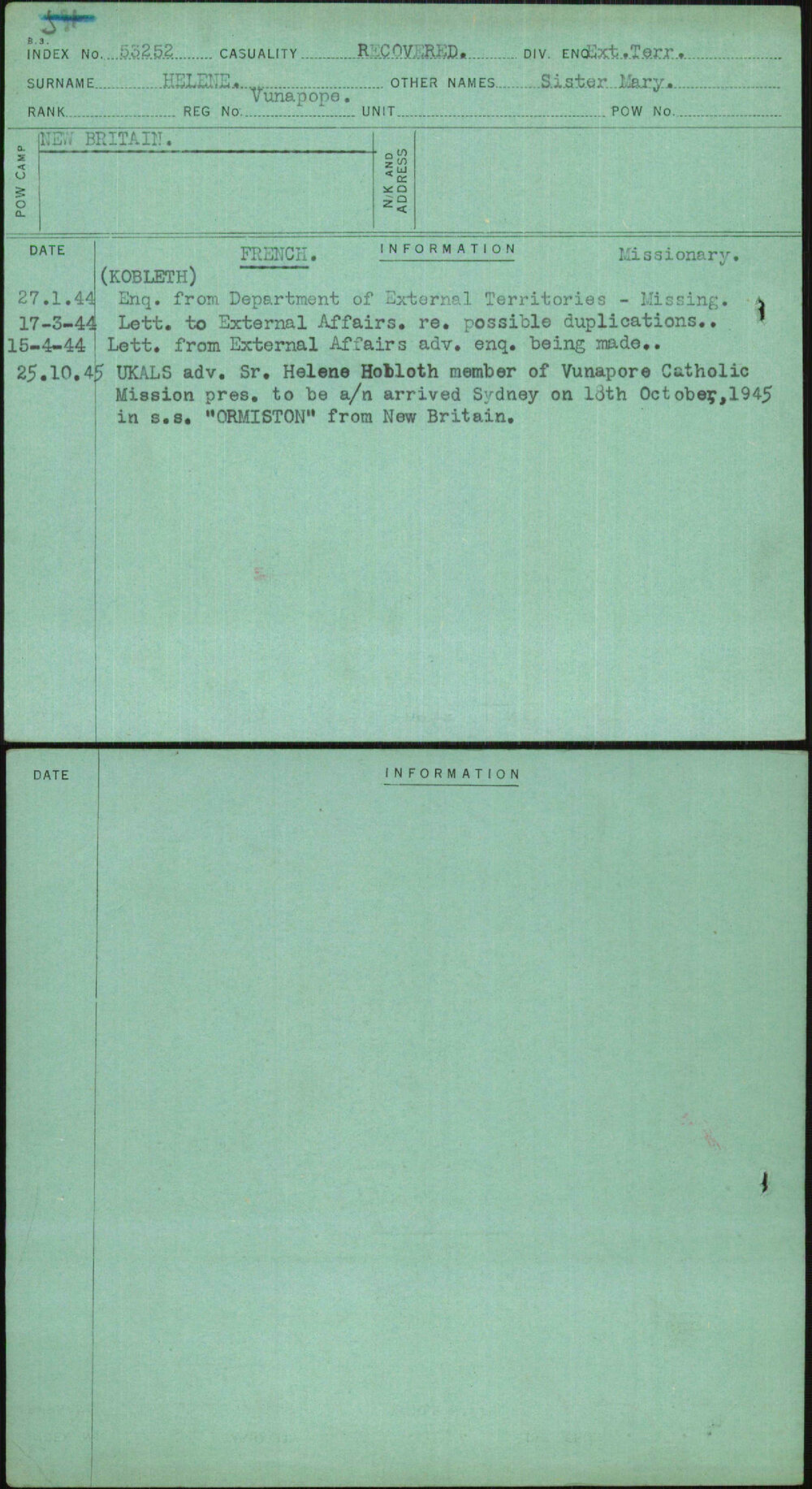 Helene, Sister Mary, Vunapope