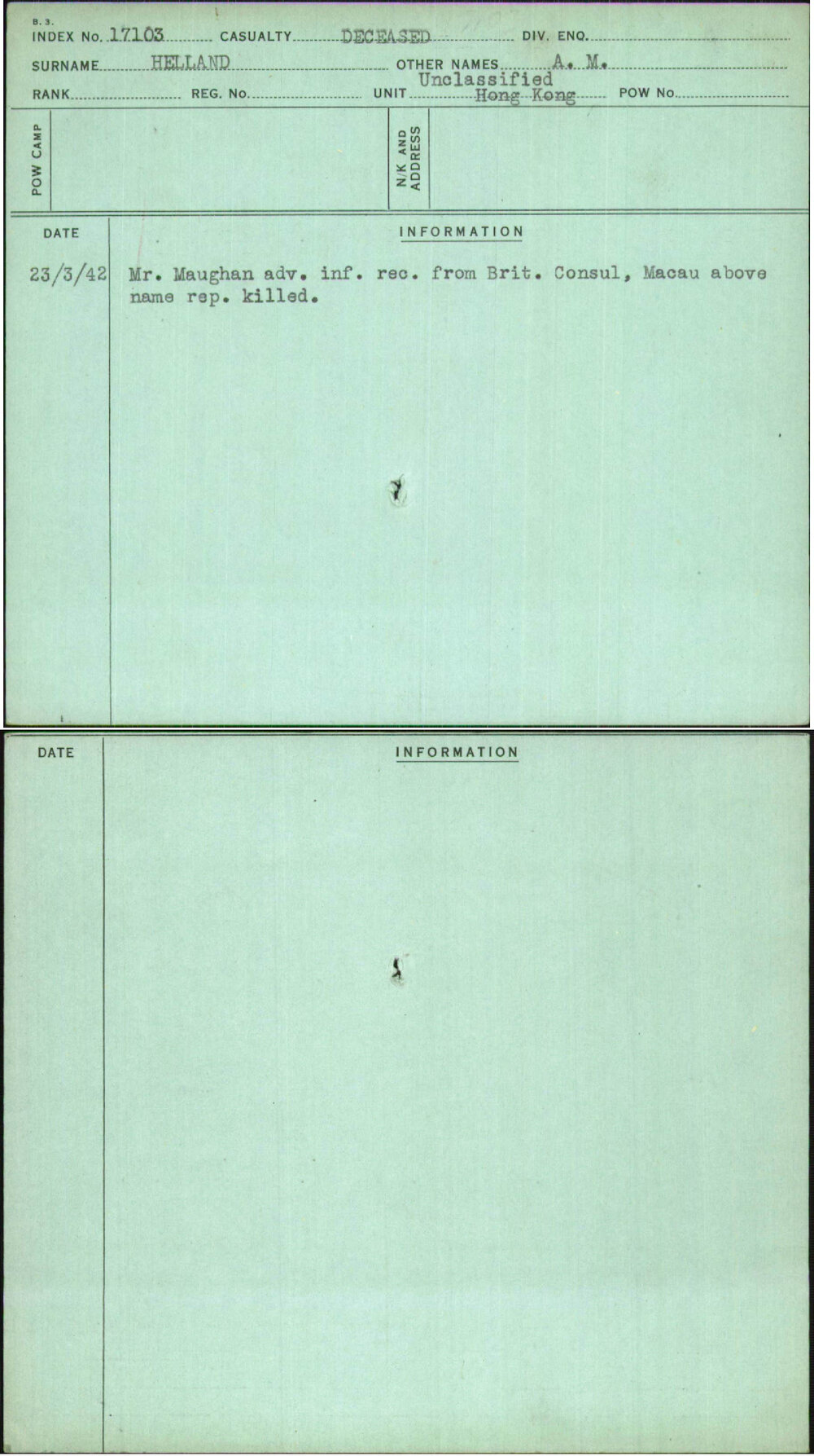 Helland, A M, [No Service Number]