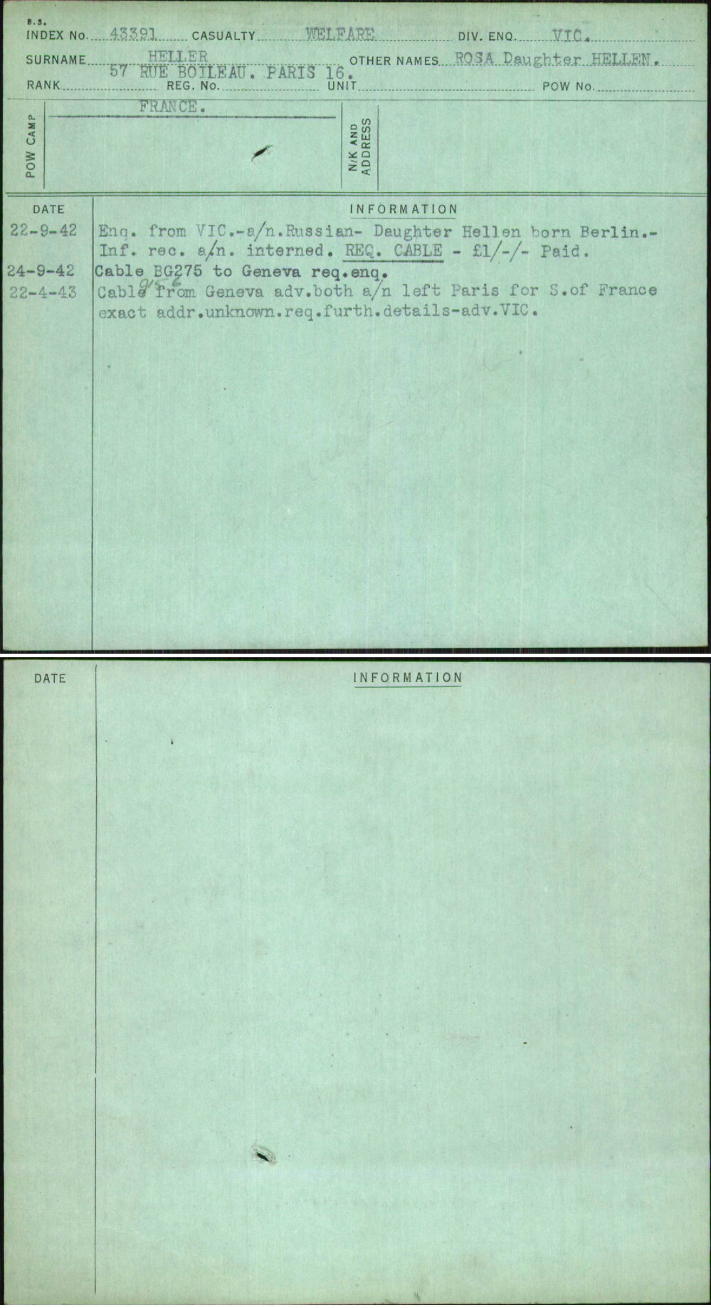 Heller, Rosa Daughter Hellen, [No Service Number]