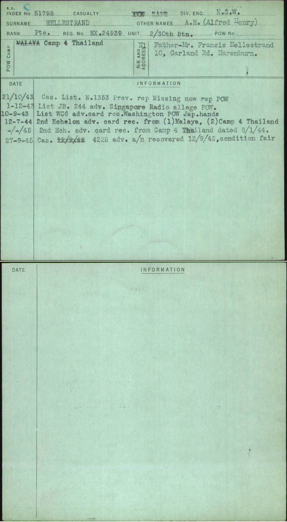 Hellestrand, A H (Alfred Henry), NX24939