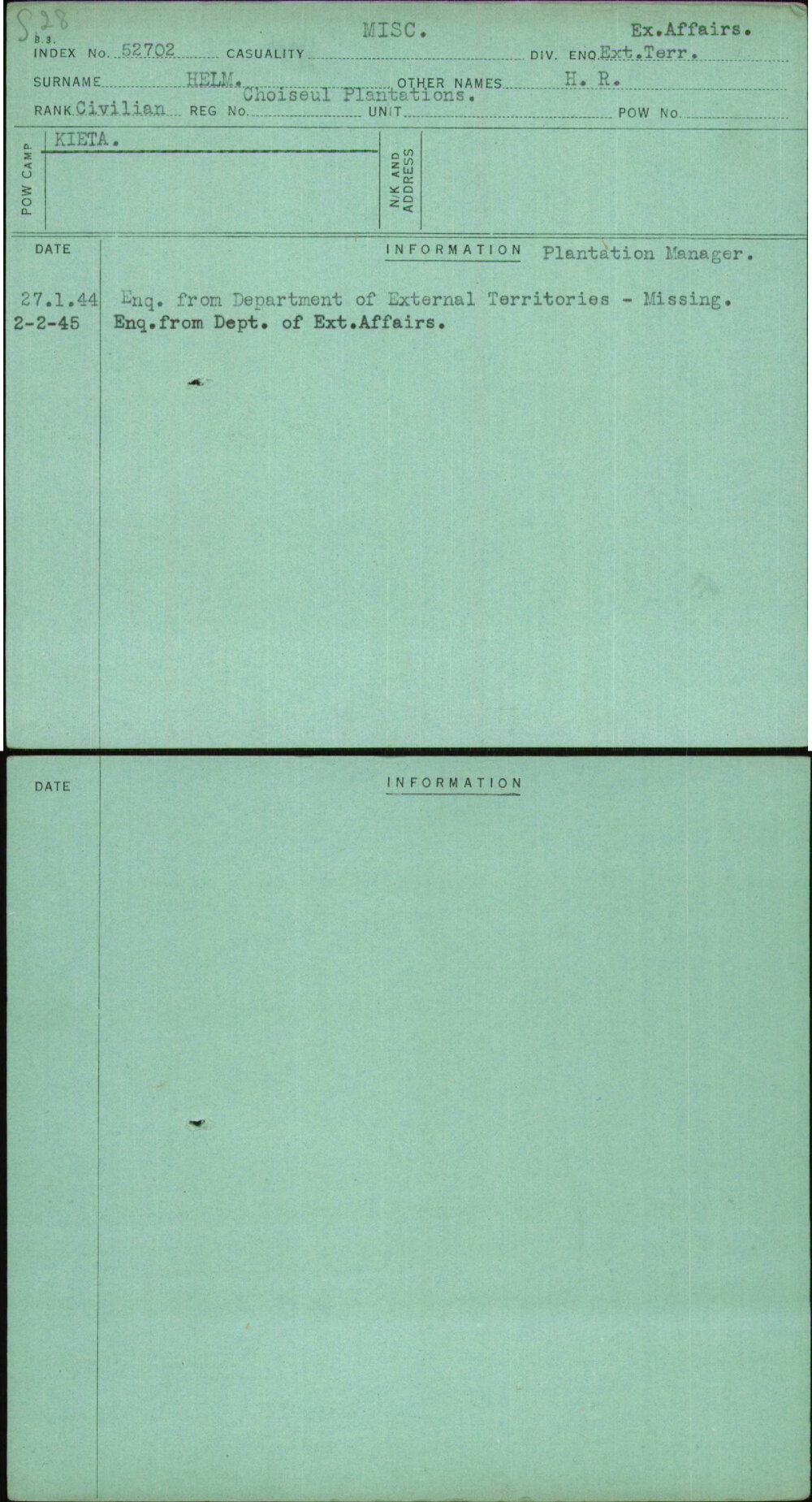 Helm, H R, Choiseul Plantations