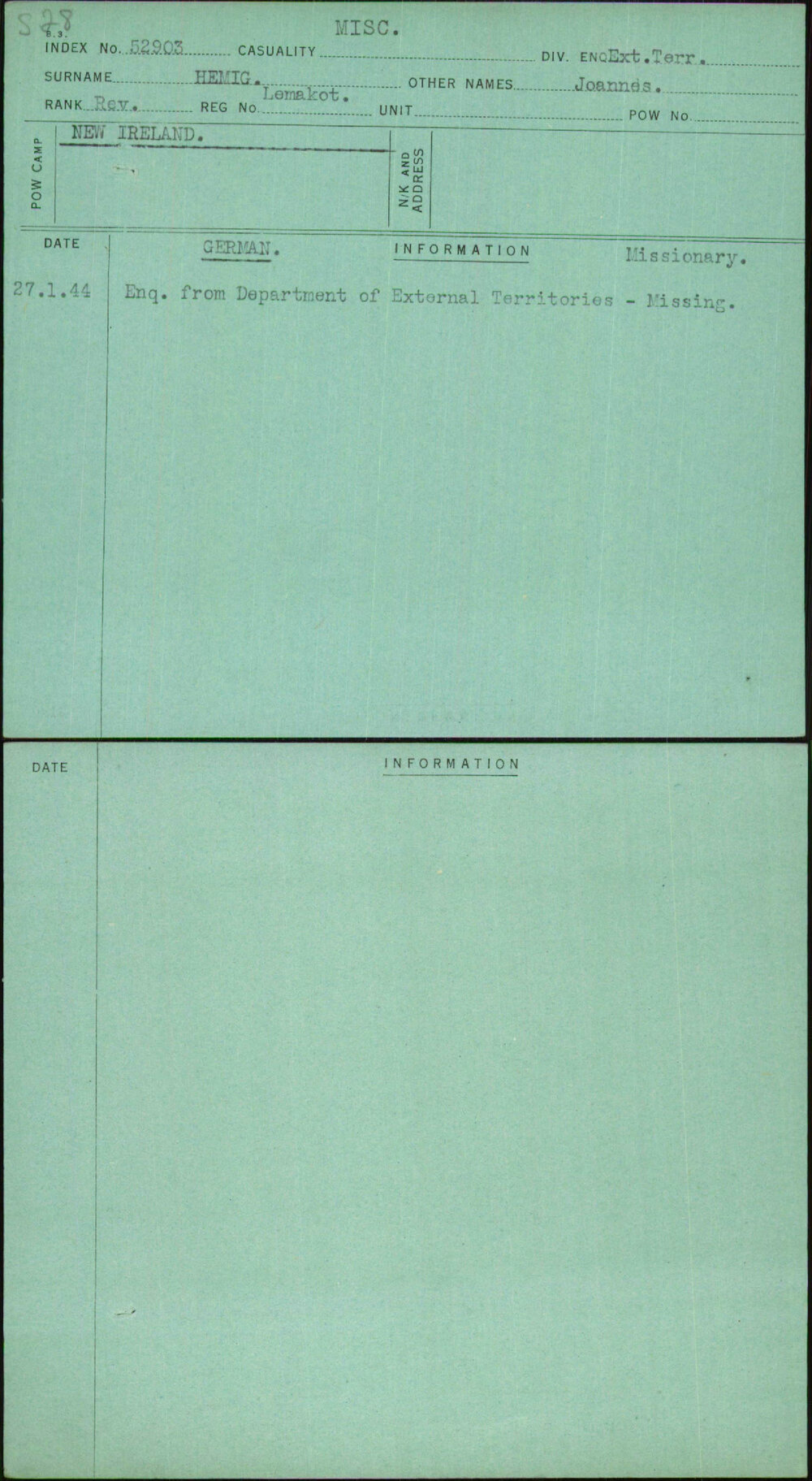 Hemig, Joannes, Lemakot