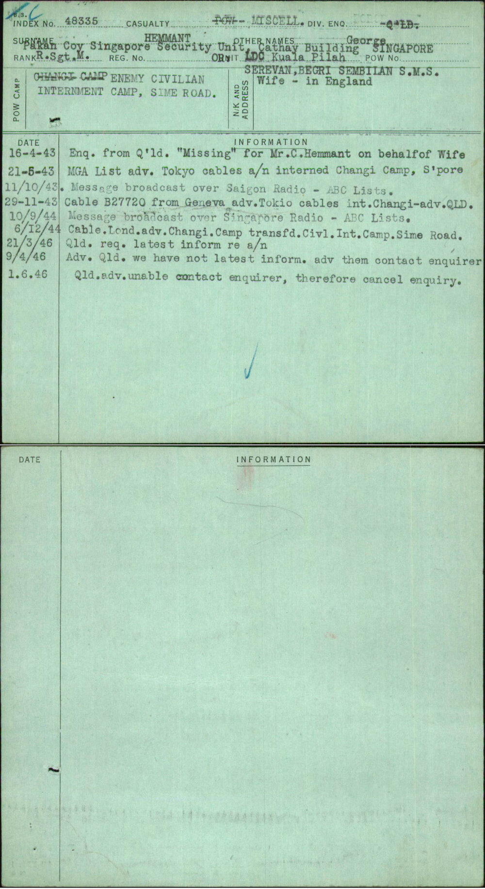 Hemmant, George, [No Service Number]