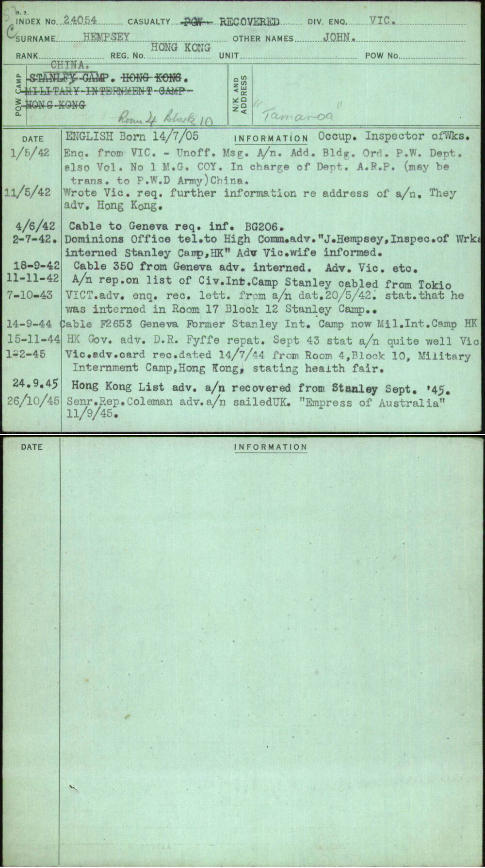 Hempsey, John, Hong Kong