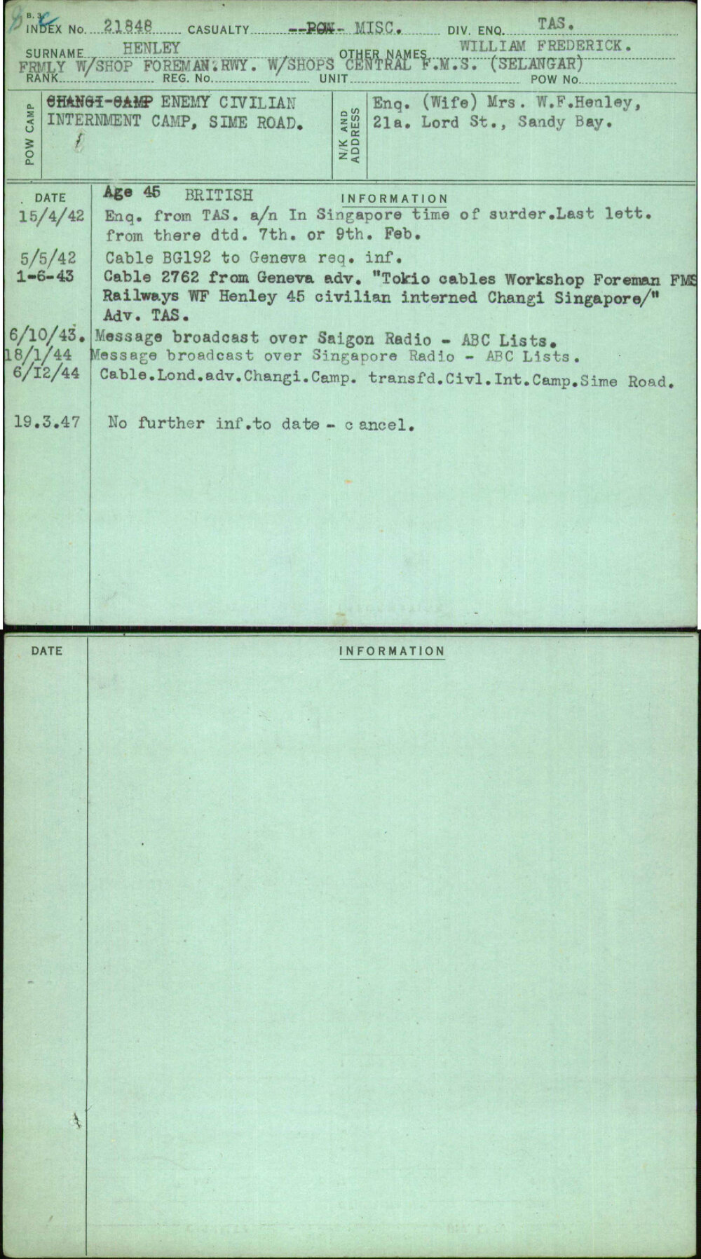 Henley, William Frederick, [No Service Number]