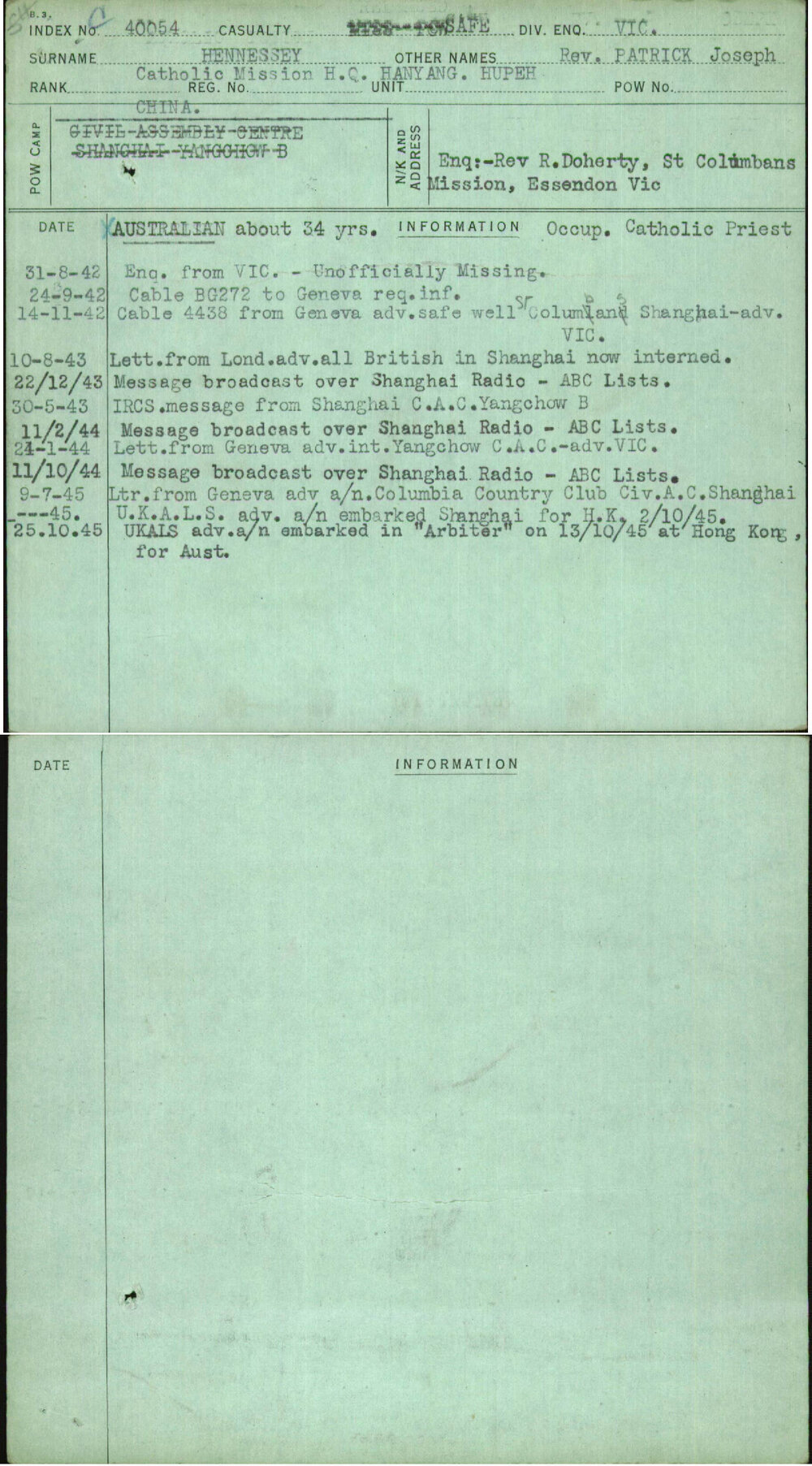 Hennessey, Rev Patrick Joseph, [No Service Number]