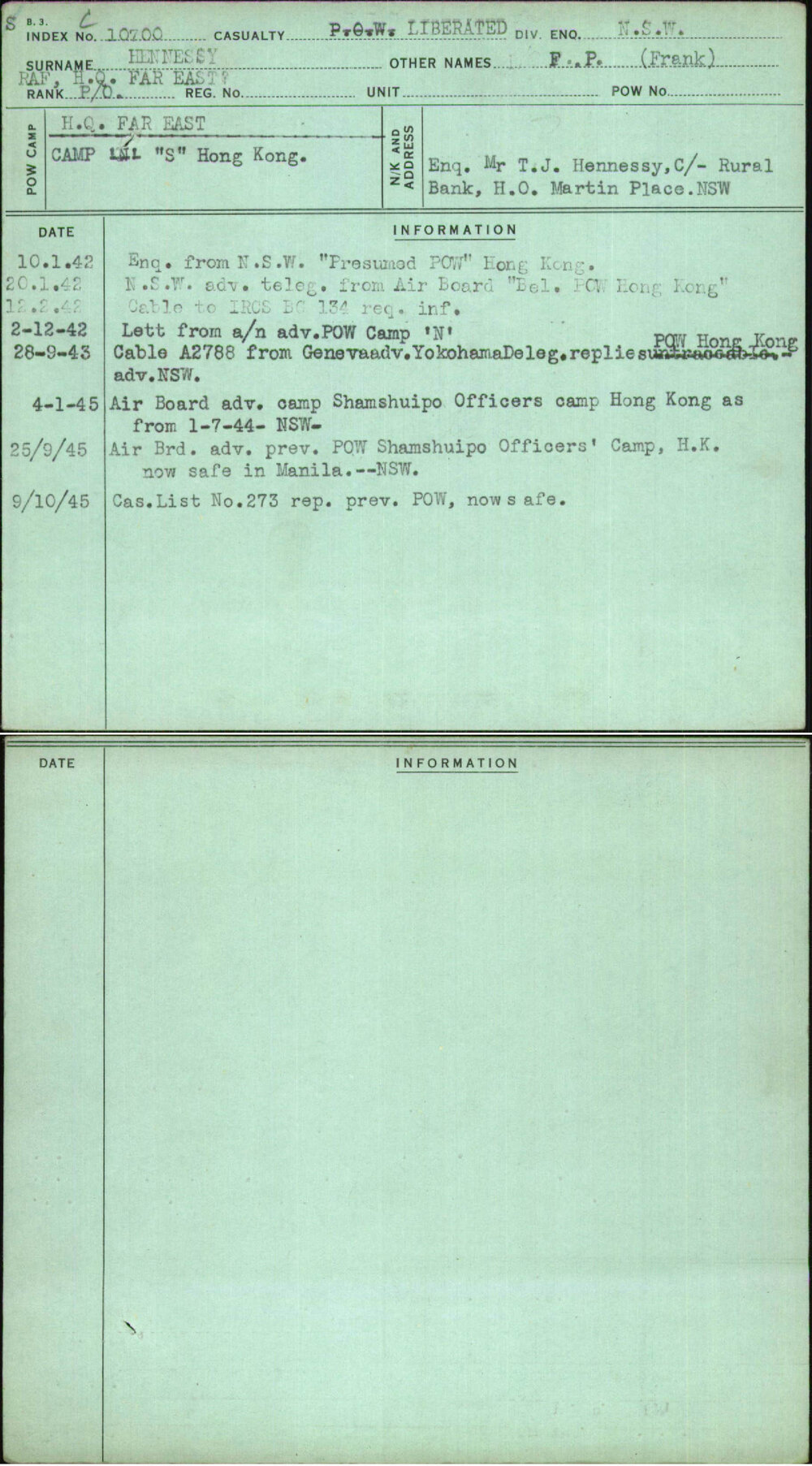 Hennessy, F P (Frank), [No Service Number]