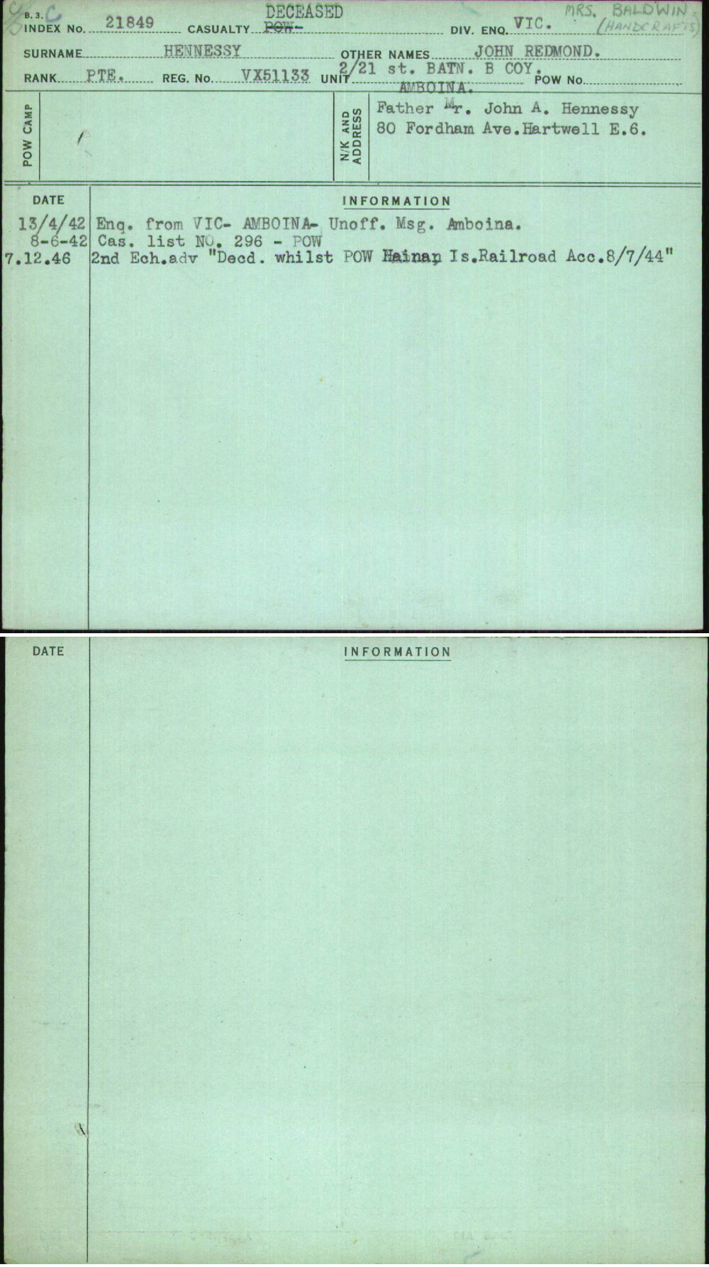 Hennessy, John Redmond, VX51133
