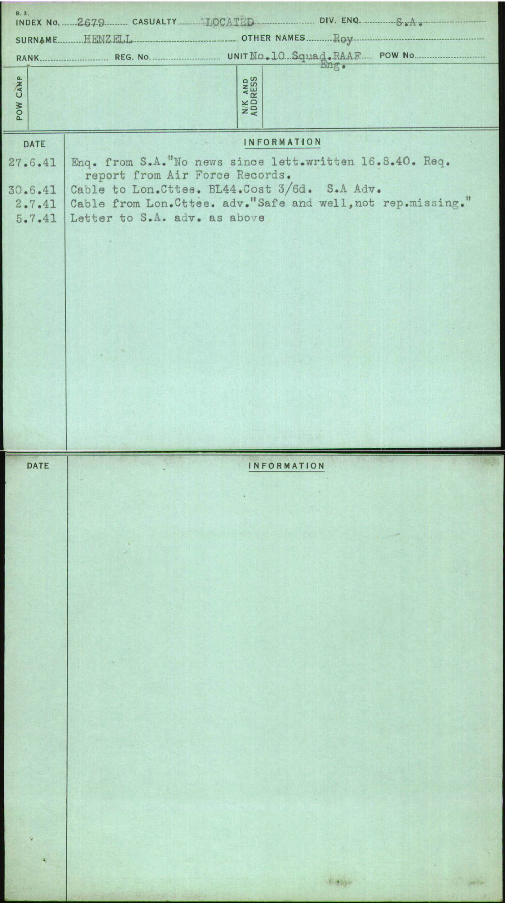 Henzell, Roy, [No Service Number]