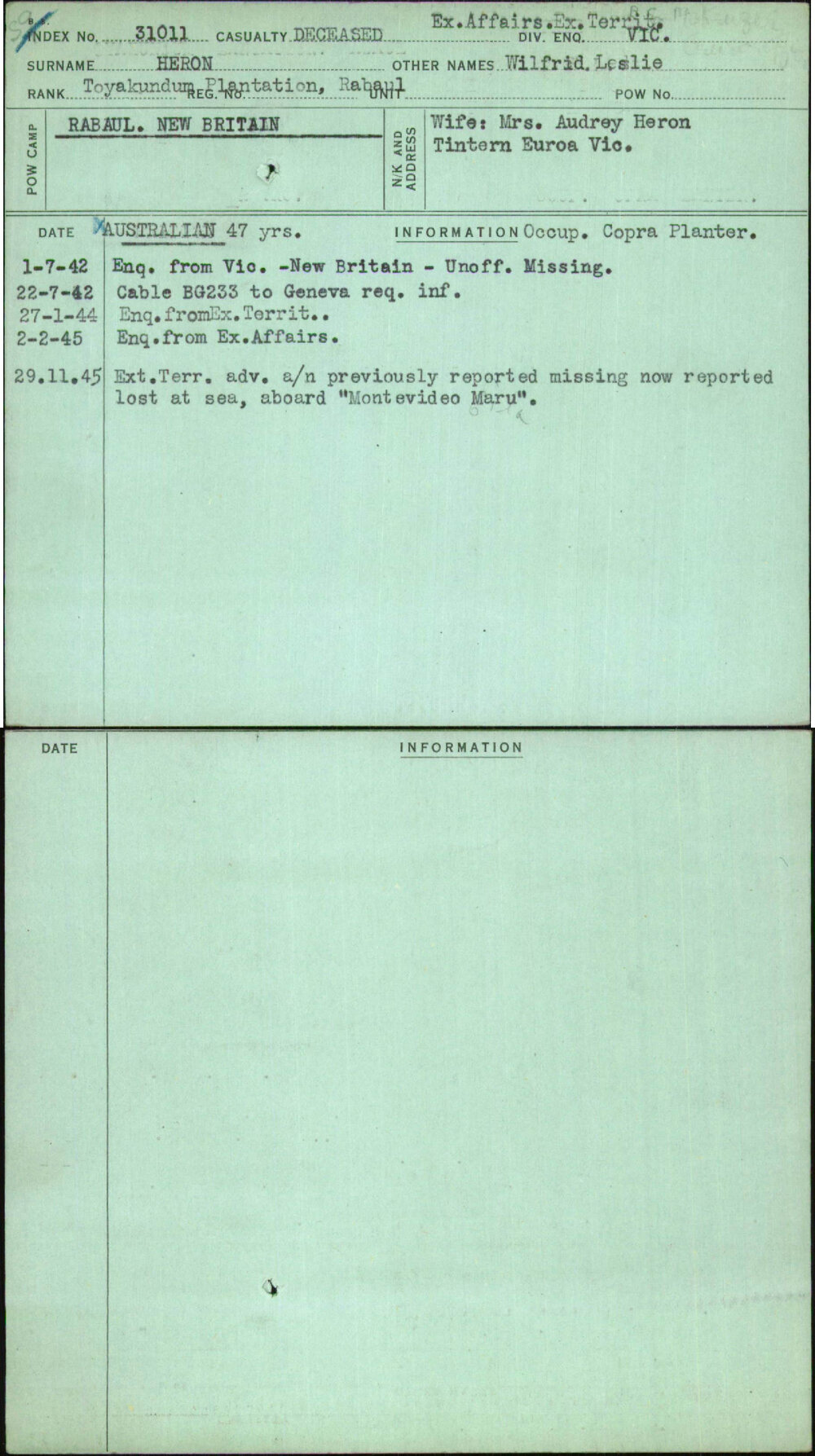 Heron, Wilfrid Leslie, [No Service Number]