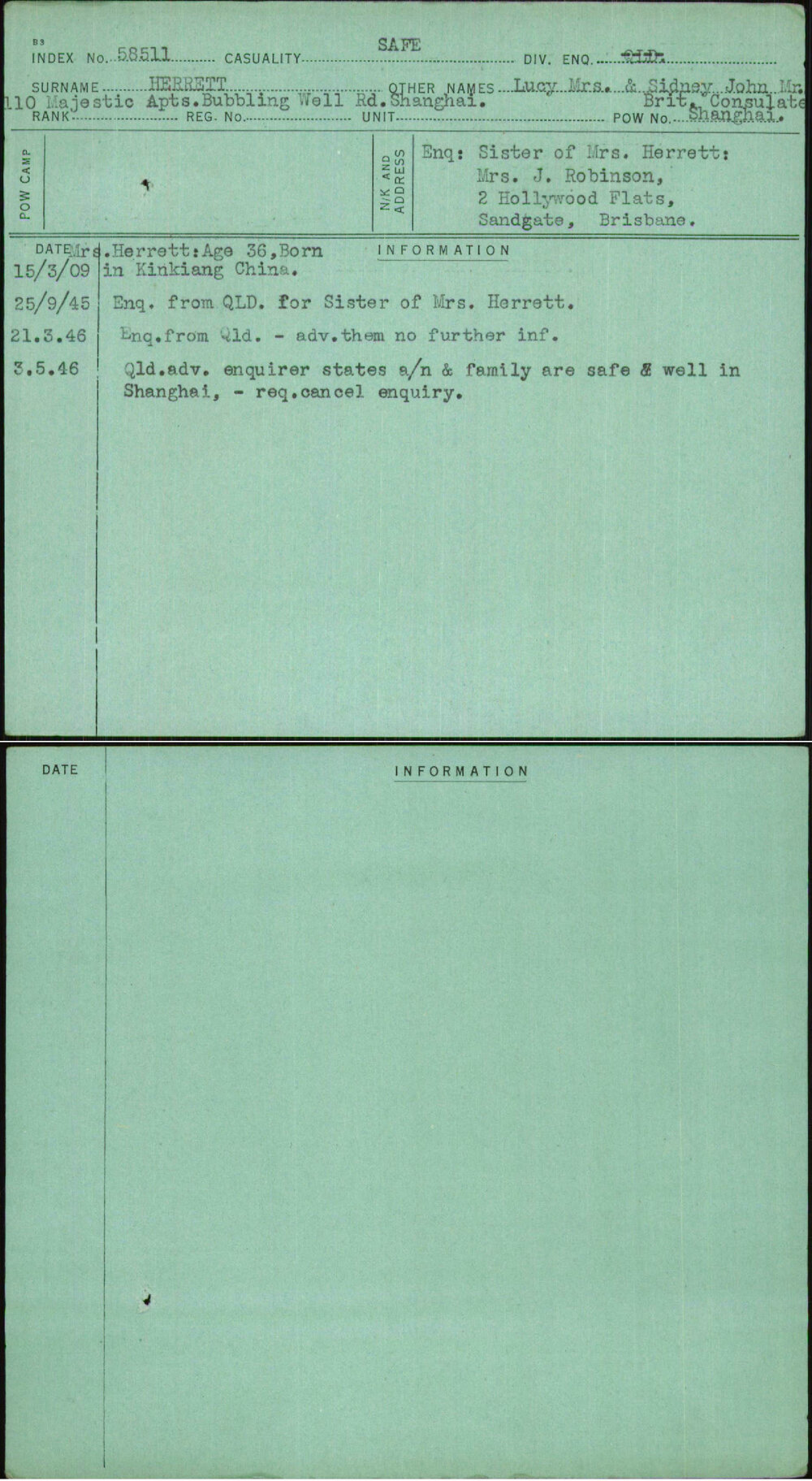 Herrett, Lucy Mrs &amp; Sidney John Mr Brit Consulate Shanghai, [No Service Number]