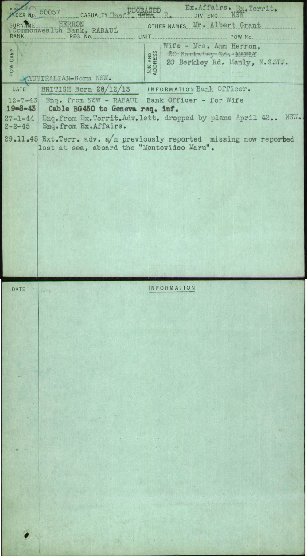 Herron, Mr Albert Grant, [No Service Number]