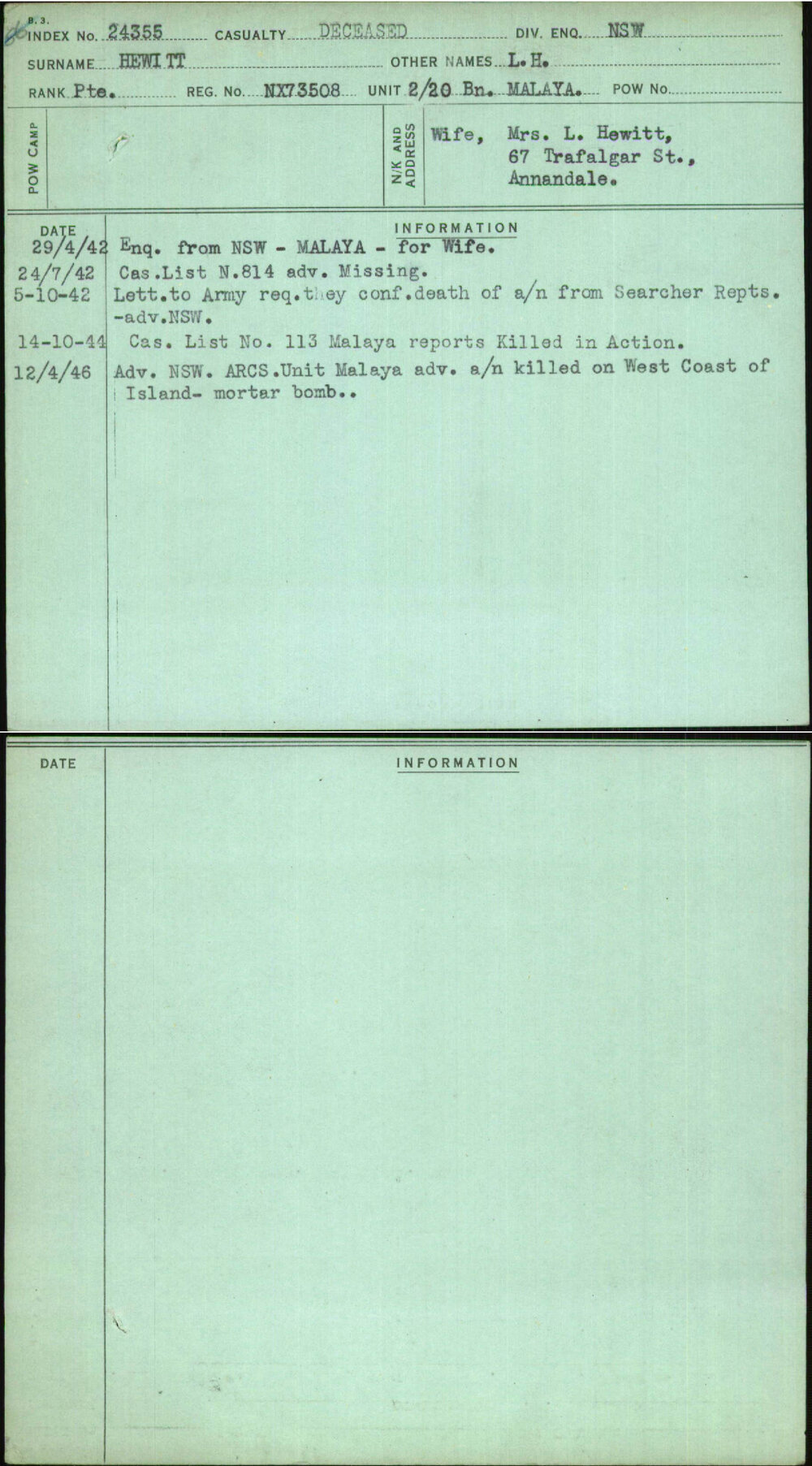 Hewitt, L H, NX73508